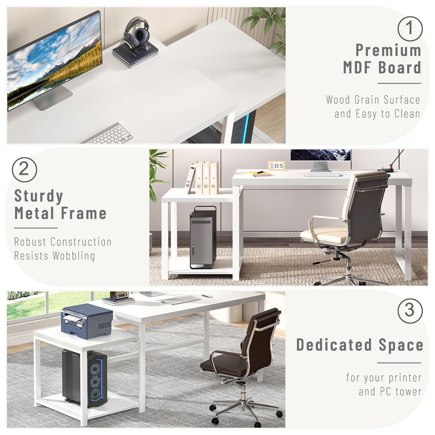 FOLUBAN Large White Computer Desk, Home Office Desk with Printer Space & PC Tower Stand, Modern Study Writing Table Workstation for Living Room Bedroom, 63 Inch