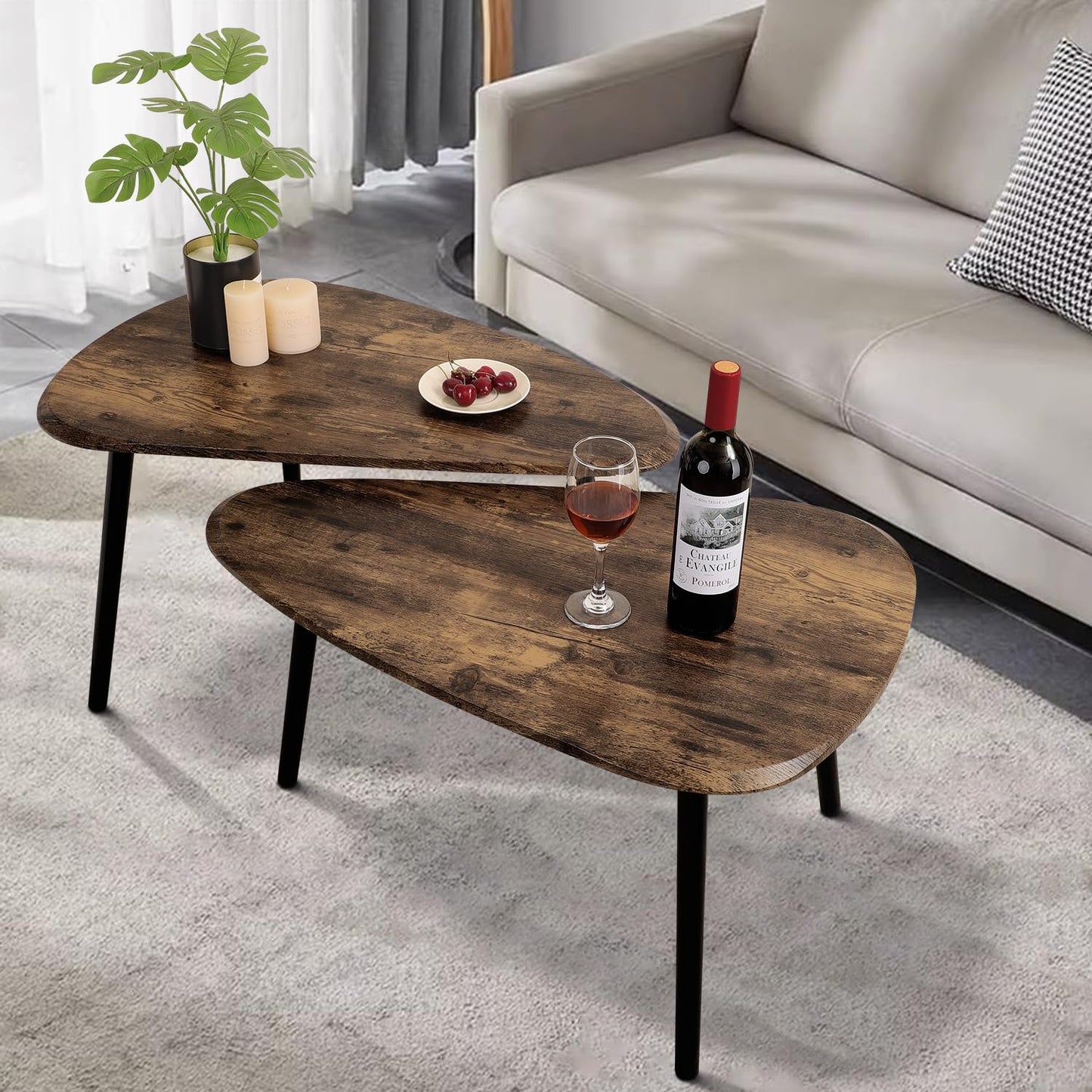 WDSHIYI Nesting Coffee Tables, Nested Table with Wooden Legs Set of 2 - Triangle Side Table for Living Room, Bedroom, Minimalist Bamboo, Apartment & Small Spaces, Tiger