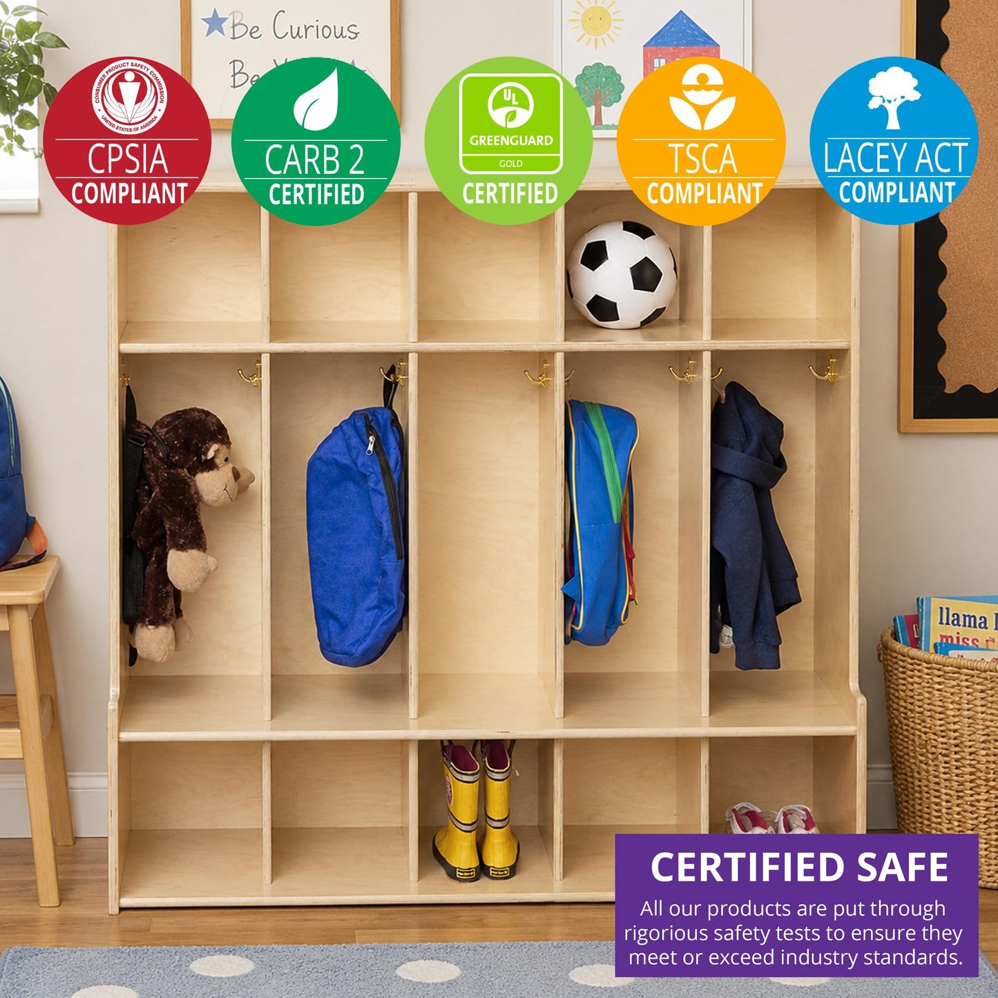 Contender 5-Section Coat Locker with Bench & Cubby Storage for Kids, Backpack Organizer with Cubbies Storage for Daycare, Preschool, Kindergarten [Natural]