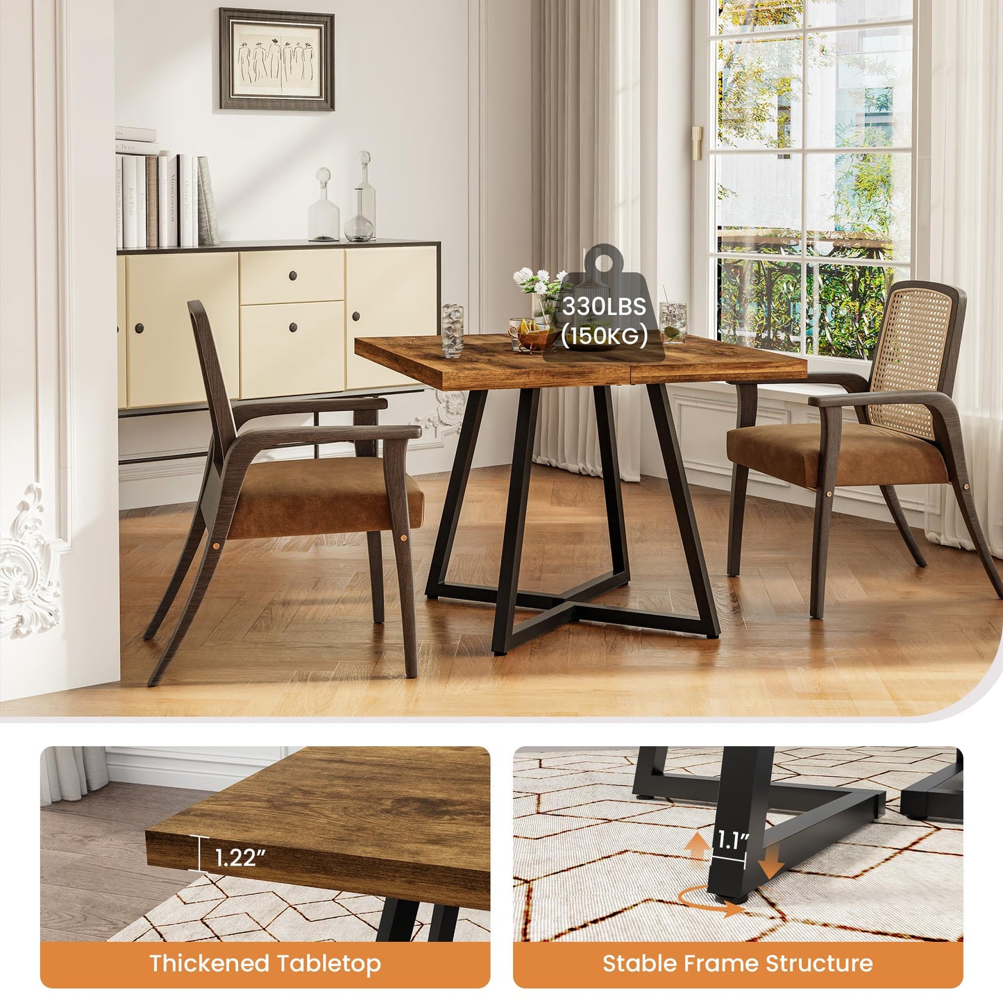 Apicizon Square Kitchen Dining Table for 2, Small Ktichen Table with Metal Base, 31.5" Modern Dinner Table for Dining Room Apartment Restaurant, Rust Brown