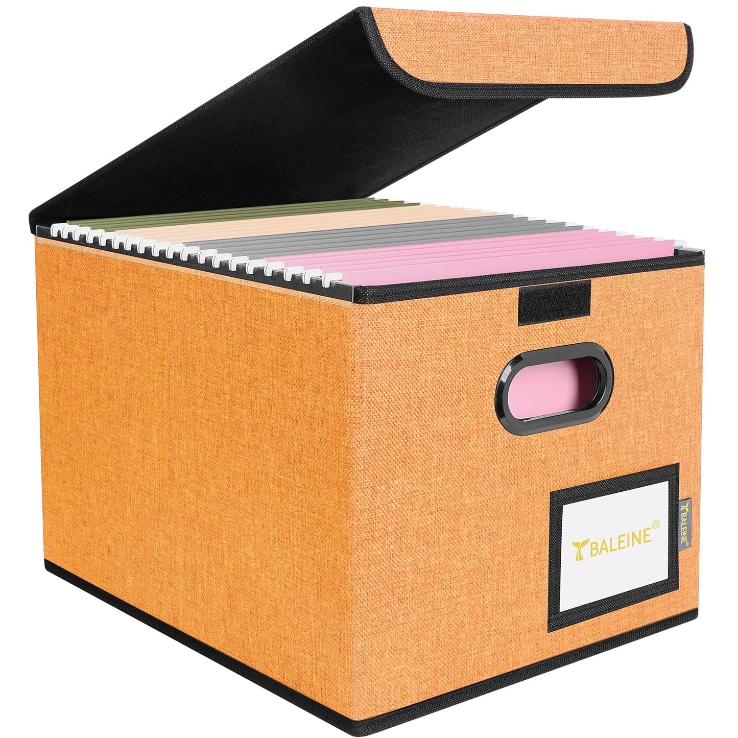 BALEINE File Organizer Box with Lid, Collapsible File Folder Organizer with Plastic Slide, Hanging File Folder Box for Office Document Storage (1 Pack, Orange)
