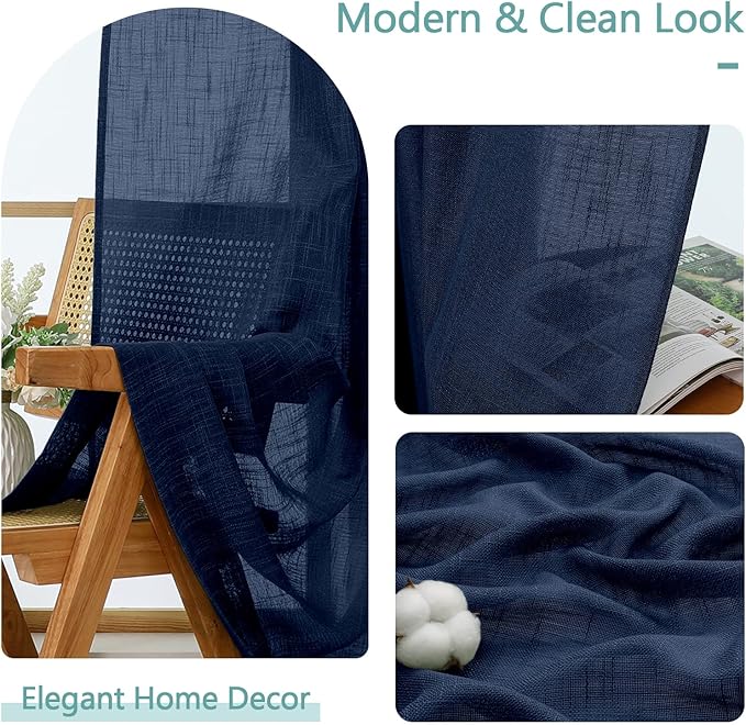 Chyhomenyc Navy Blue Semi Sheer Curtains 36 Inch Length, Light Filtering Faux