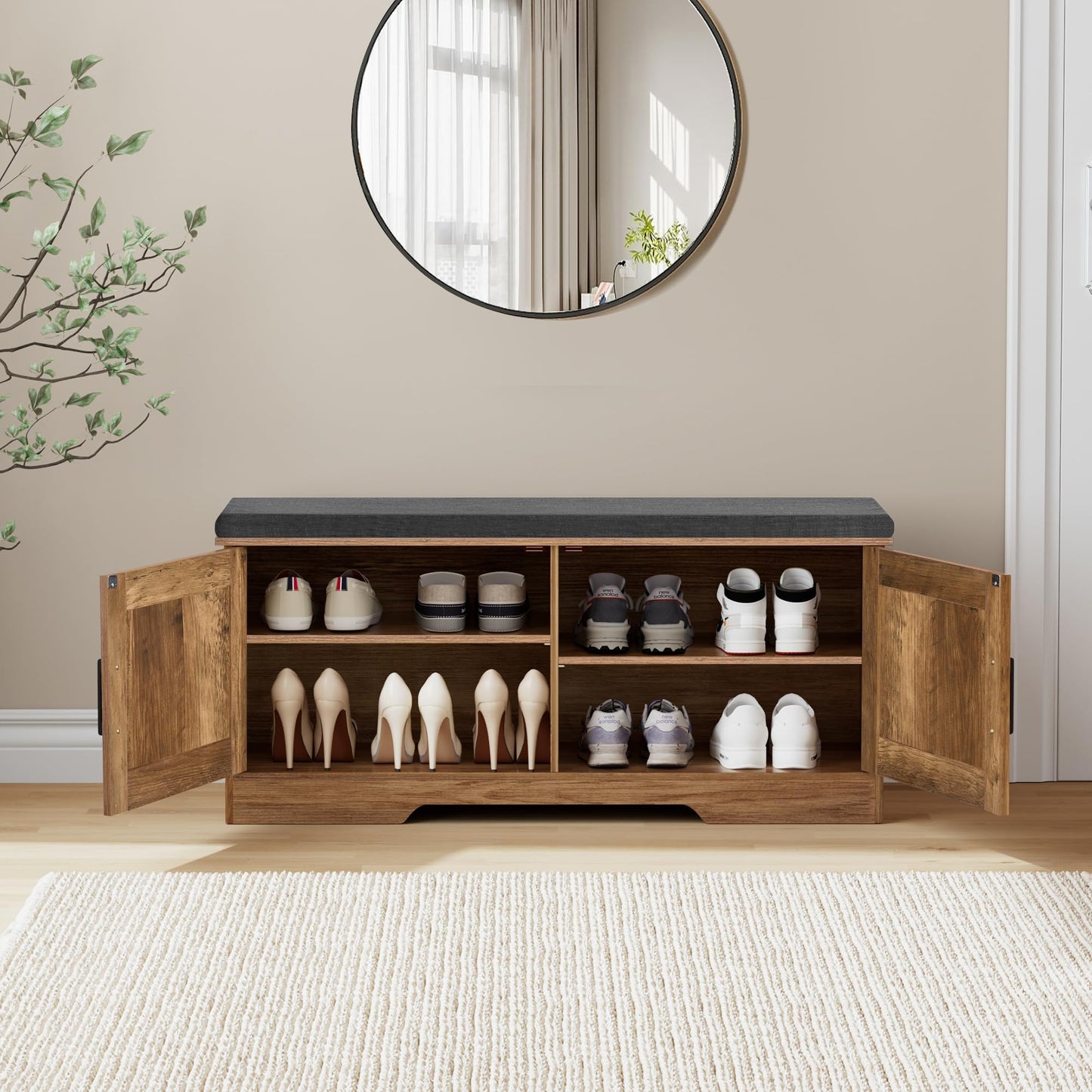 HOMSHO 2-Tier Storage Bench, 39.4" Wide Shoe Bench with Padded Seat Cushion, Entryway Bench with 2 Barn Doors and Adjustable Shelf, Rustic Walnut
