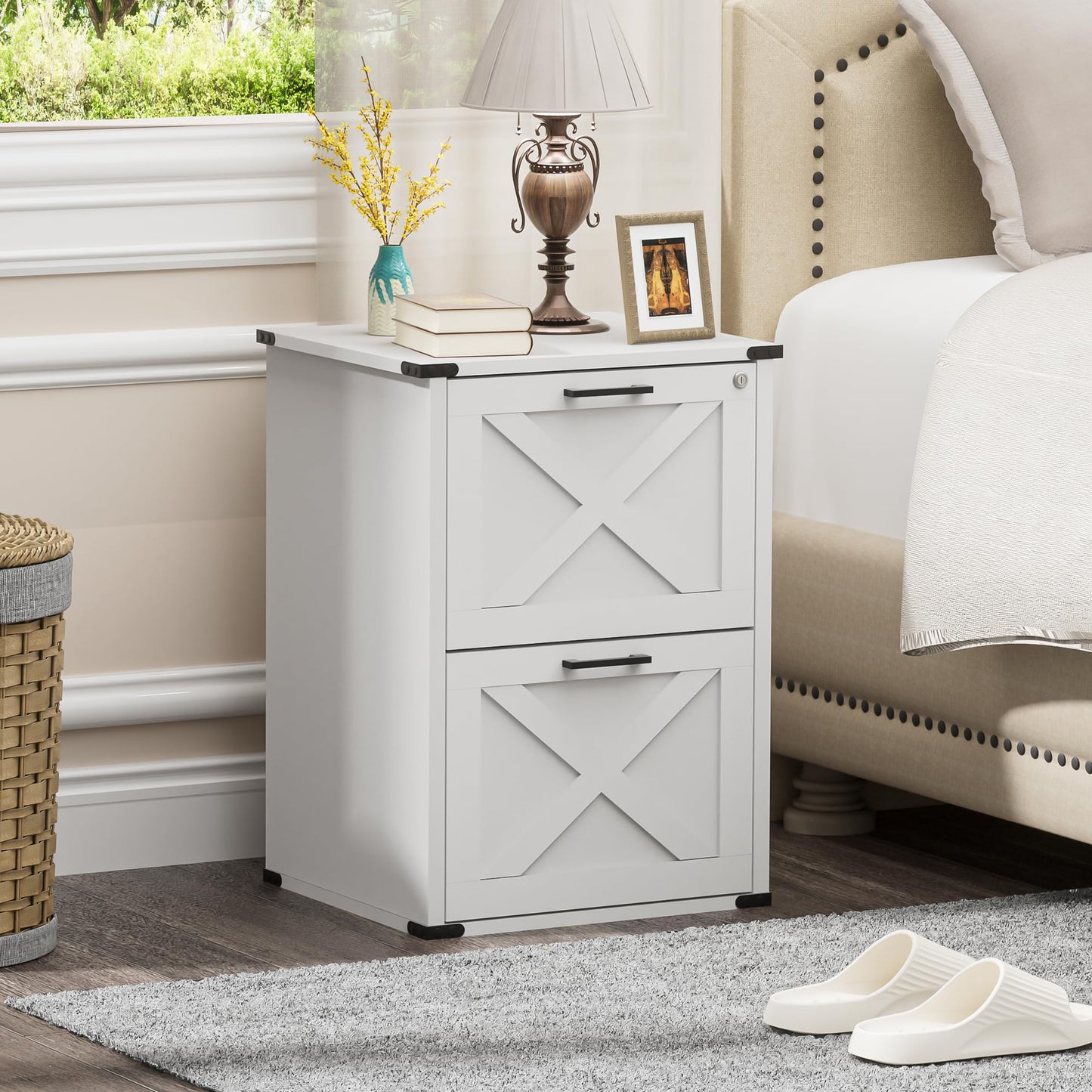 Onelike Small Wood File Cabinet with Lock, Nightstand with Charging Station, 2 Drawer Under Desk Lateral Filing Cabinets for Home Office, Printer Stand with Storage, White
