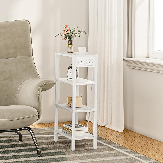 TUTOTAK Narrow Side Table with Charging Station, Small End Table with USB Ports
