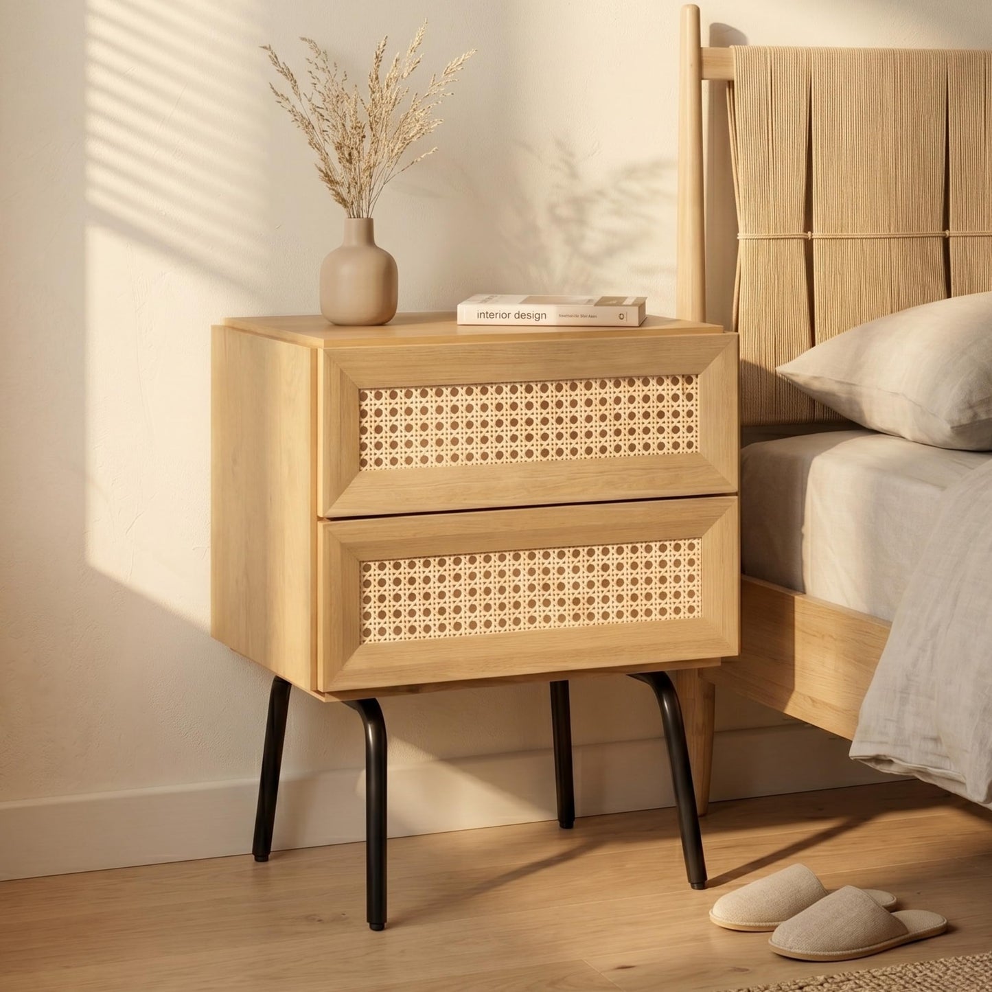 NTC Solid Oak Drawer Face Lulu Nightstand with Natural Rattan Drawer, Mid-Century Side Table for Bedroom, Bedside Furniture, End Table – Waterproof, Heat Resistant, Easy to Assemble - Sand
