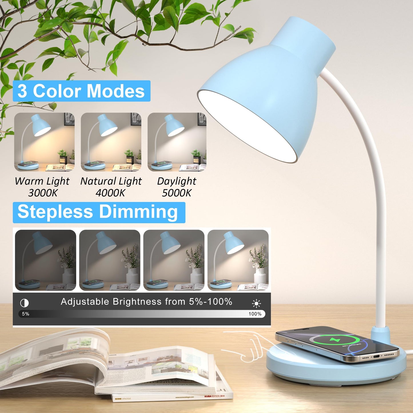 Vicsoon Desk Lamps for Home Office - LED Desk Lamp with Wireless Charger, 3 Color Modes Dimmable Eye-Caring Study Reading Desk Light, Small Flexible Arm Table Lamp for College Dorm Room Bedside, Blue