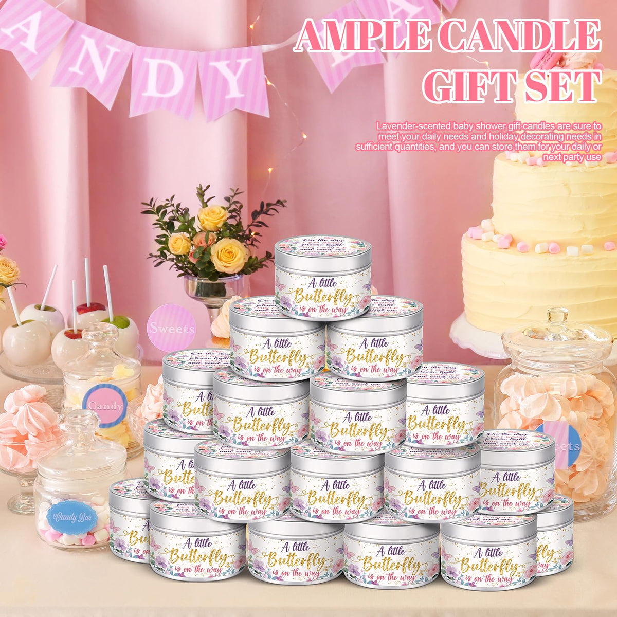 MTLEE 24 Pcs Butterfly Baby Shower Party Favors Candles Lavender Scented Baby Shower Favors for Guests Rustic Tealights Candles Gender Reveal Return Gifts (1.2 oz, Gold)