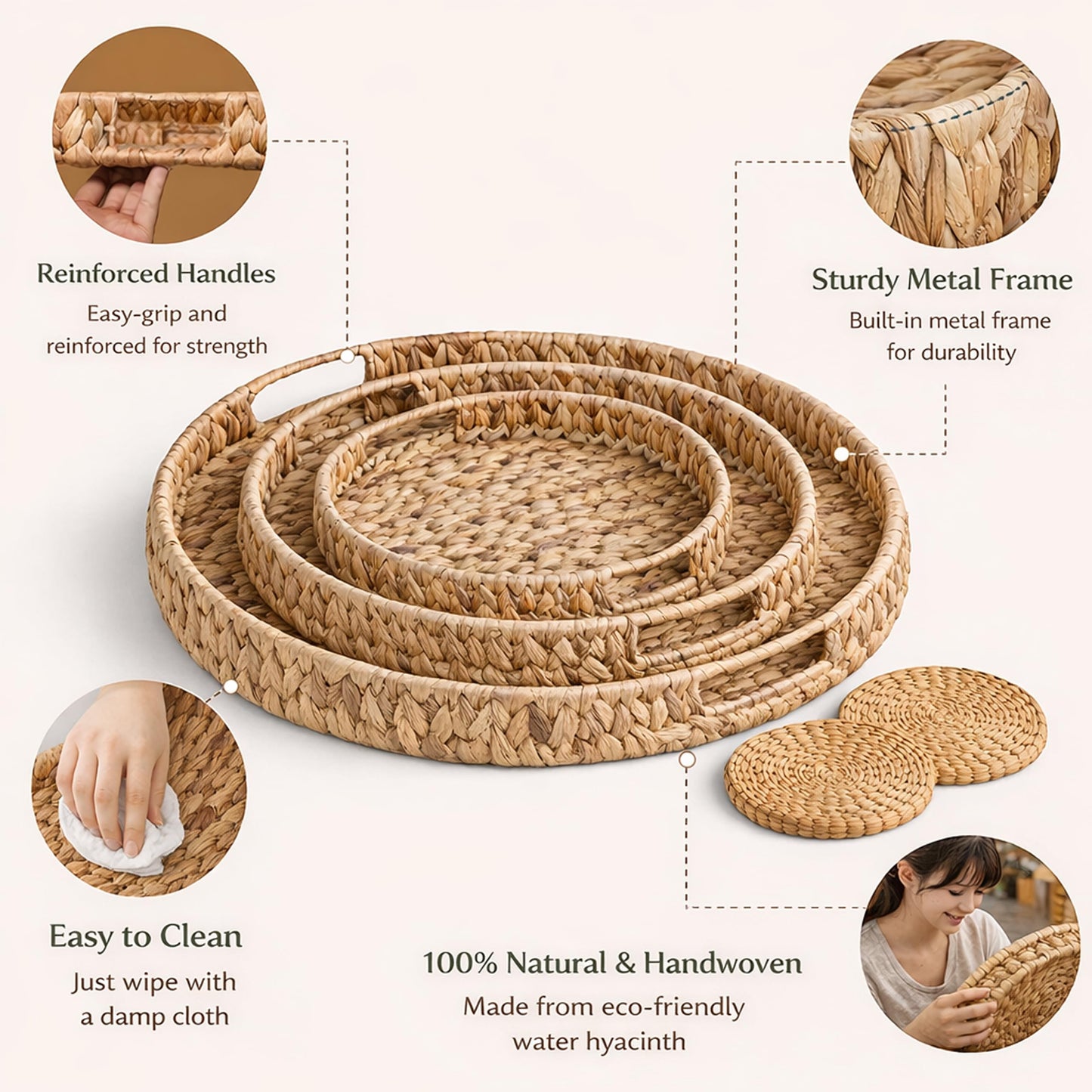 Extra Large Round Ottoman Tray Set of 3 (20", 16", 10")–Water Hyacinth Rattan Wicker Coffee Table Tray with Handles, Oversized Serving Tray for Kitchen Island, Dining Table, Entryway, Bedroom Decor