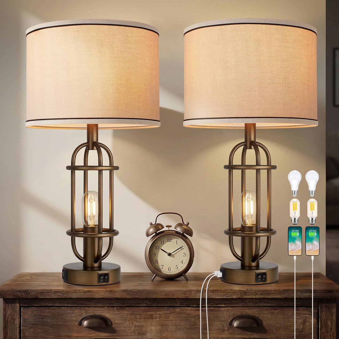 Reaketon Table Lamps for Living Room Set of 2, 22.3" Farmhouse Lamps for Nightstand, Industrial Table Lamps for Bedroom with USB Ports