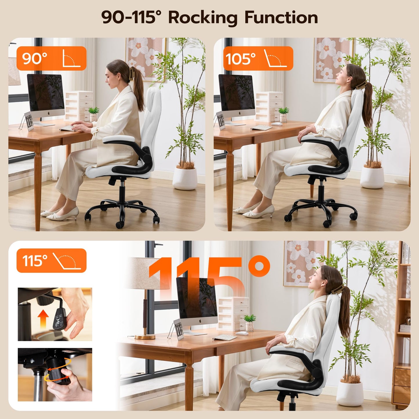 Ylzyxal Office Desk Chair, Ergonomic Computer Chair with Padded Flip-Up Arms and Adjustable Lumbar Support, PU Leather Executive Chair with Tilt Lock and 360° Swivel Rolling Wheels for Work, Study