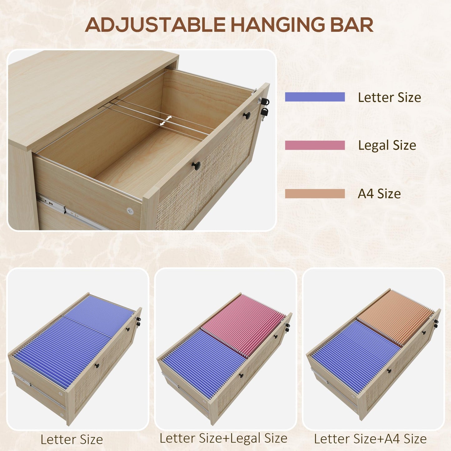 Vinsetto 2 Rattan Drawer File Cabinet with Lock, Lateral Filing Cabinet with Adjustable Hanging Bar for Letter, A4 and Legal Size Files, Printer Stand for Home Office, Natural