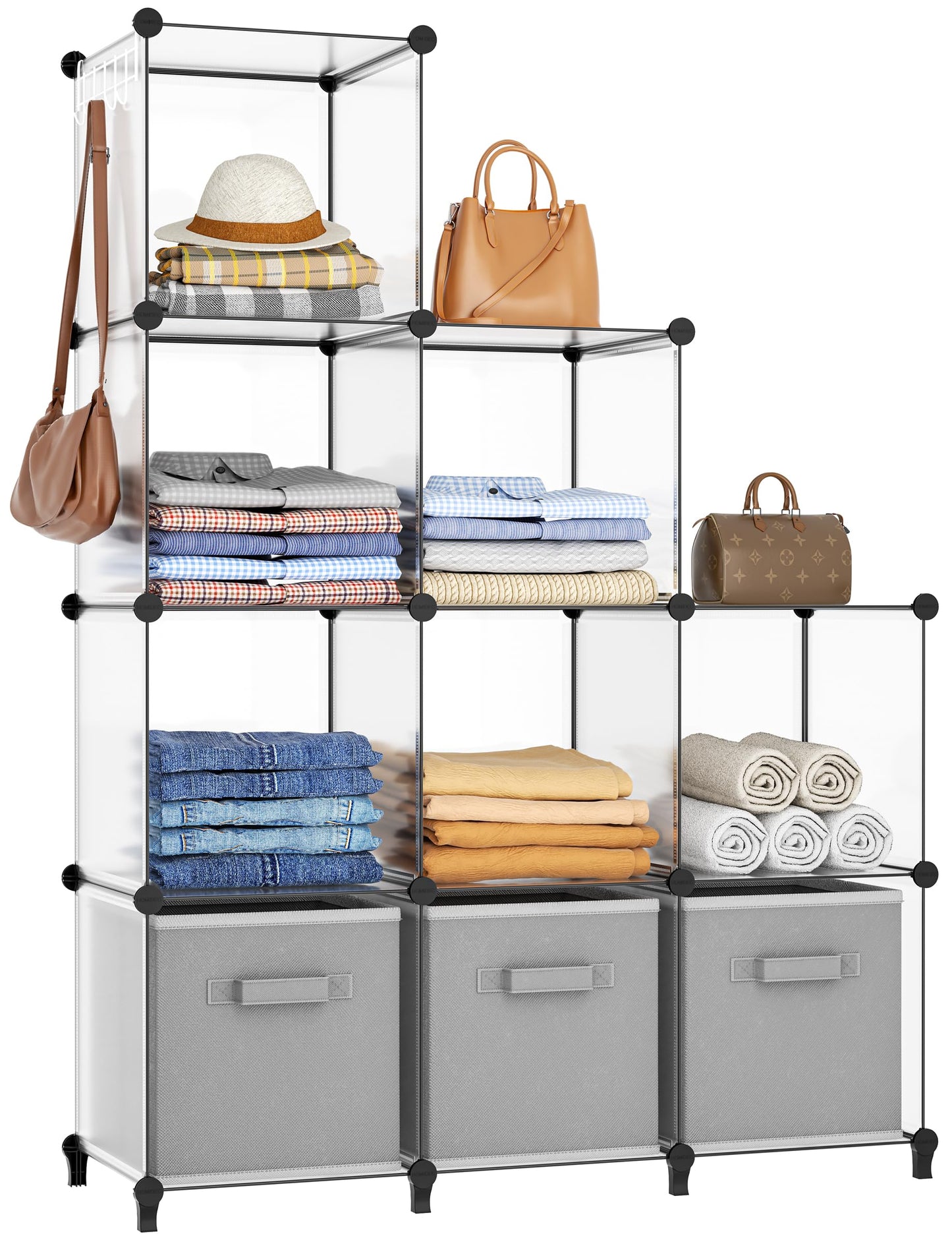 HOMIDEC Closet Organizers and Storage, 9 Cube Storage Organizer, Portable Closet Organizer Storage Cubes Shelves for Clothes, Bedroom, Wardrobe, Kids Room, Bathroom, Transparent