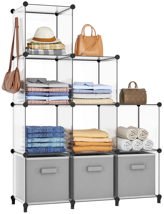 HOMIDEC Closet Organizers and Storage, 9 Cube Storage Organizer, Portable Closet Organizer Storage Cubes Shelves for Clothes, Bedroom, Wardrobe, Kids Room, Bathroom, Transparent