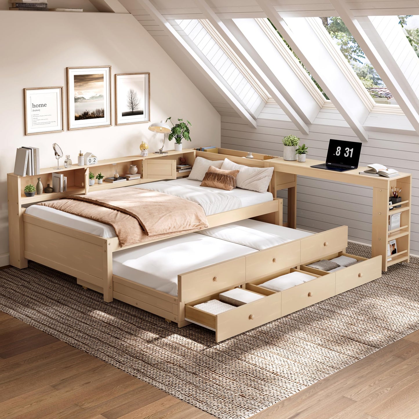 Daybed with Pull-out Desk and Trundle, Twin Size Wood Bed Frame with Multiple Storage Drawers, Open Shelves and Cabinets for Kids Adults Bedroom Furniture, Multifunctional L-Shaped Sofa Bed (Golden)