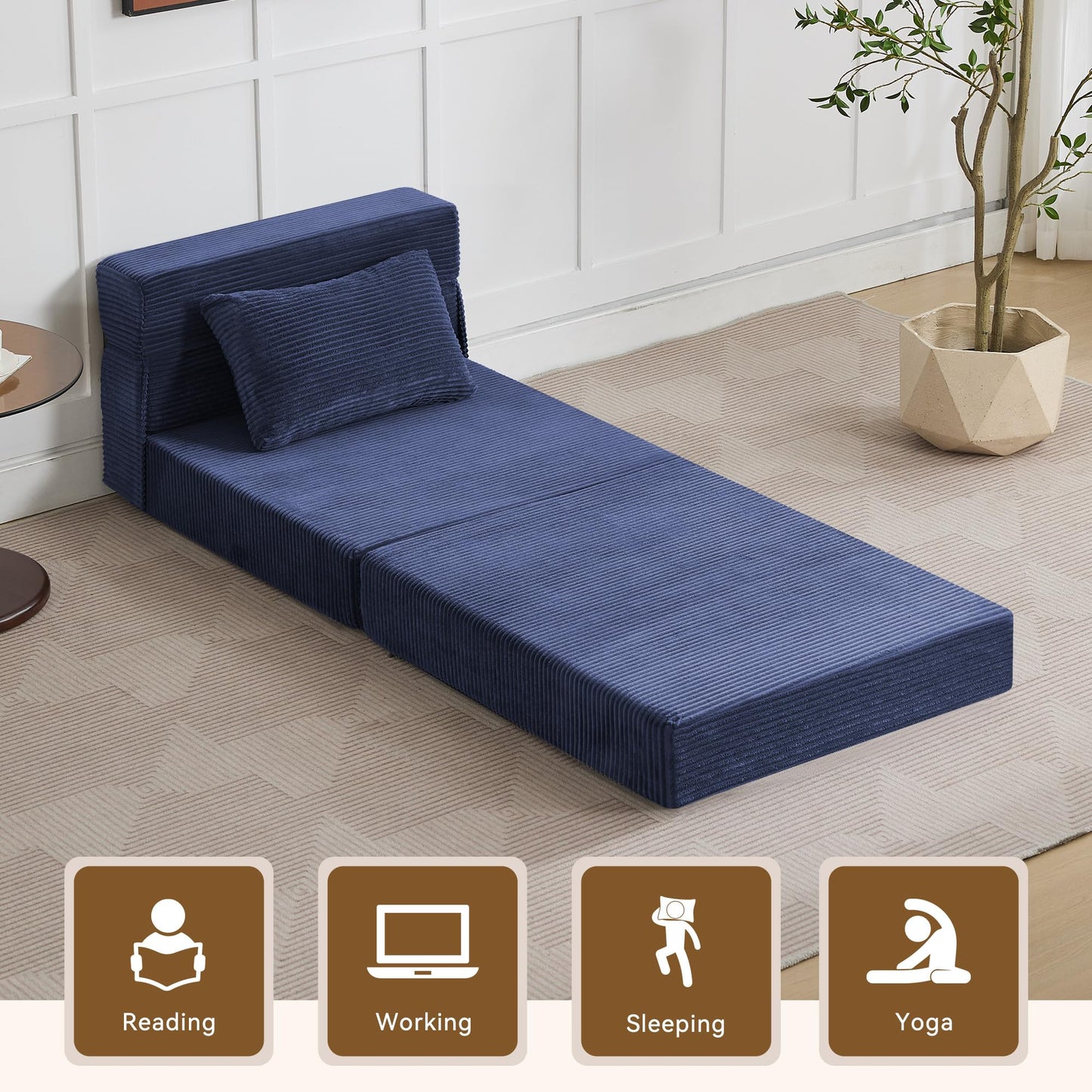 WUTUTUEE Folding Sofa Bed Convertible Floor Couch Foldable Chair Bed with Pillow，Linen Sleeper Chair Futon,Foldable Memory Foam Mattress for Bedroom/Living Room/Dorm/Office (Corduroy Navy, Single)