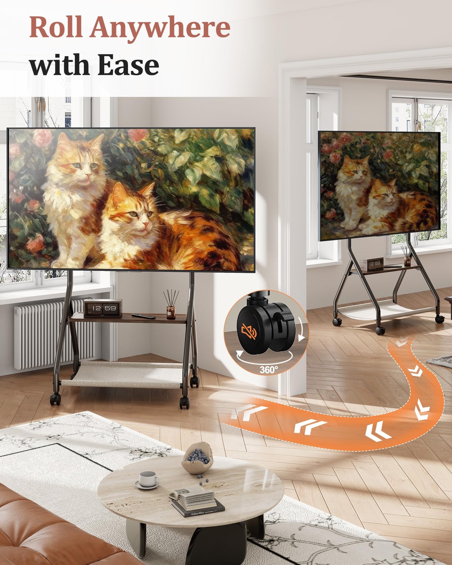 Rolling TV Stand with Cat Hammock for 32–75 Inch LCD LED Flat Curved Screens up to 132 lbs, Mobile TV Cart with Removable Pet Bed, Floor TV Stand with Wheels and Shelves for Living Room (Black)