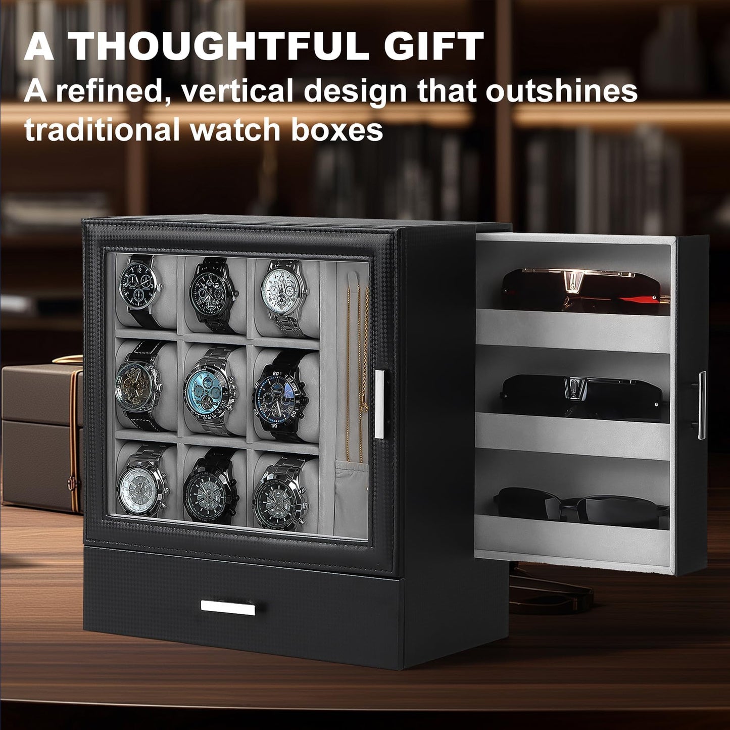 Kukikan 9-Slot Watch Display Case with Necklace Display, High End Men Jewelry Box w/Drawer, Standing Watch Box for Men w/Clear Lid, Watch Case for Sunglasses, Vertical Storage, Fathers Day Gift