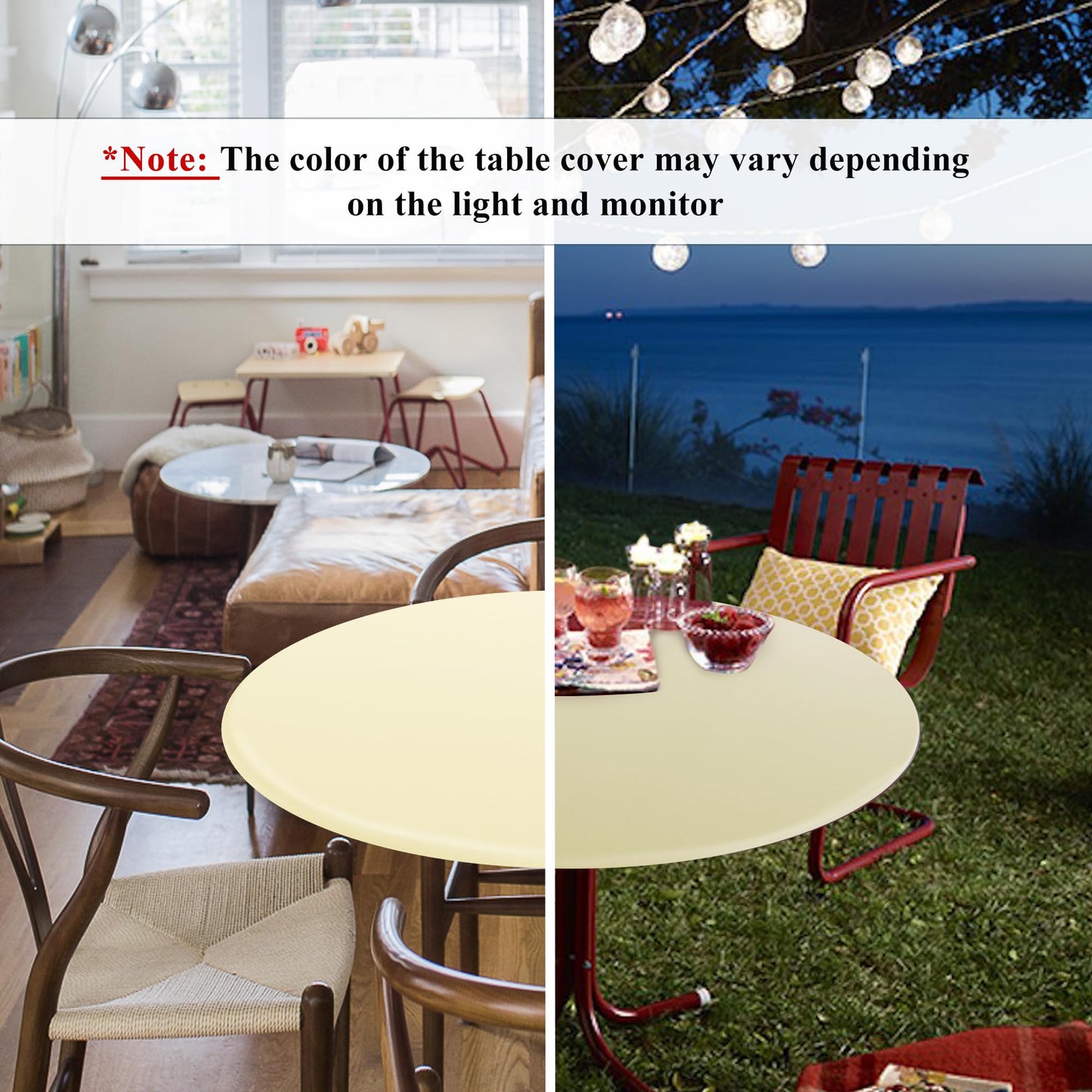 Obstal Fitted Round Table Cloth, Reversible Waterproof Stain Resistant Elastic Stretch Tablecloth, Wipe Clean Table Cover for Outdoor/Indoor Use, Fits Round Tables up to 40" - 44" Diameter, Cream