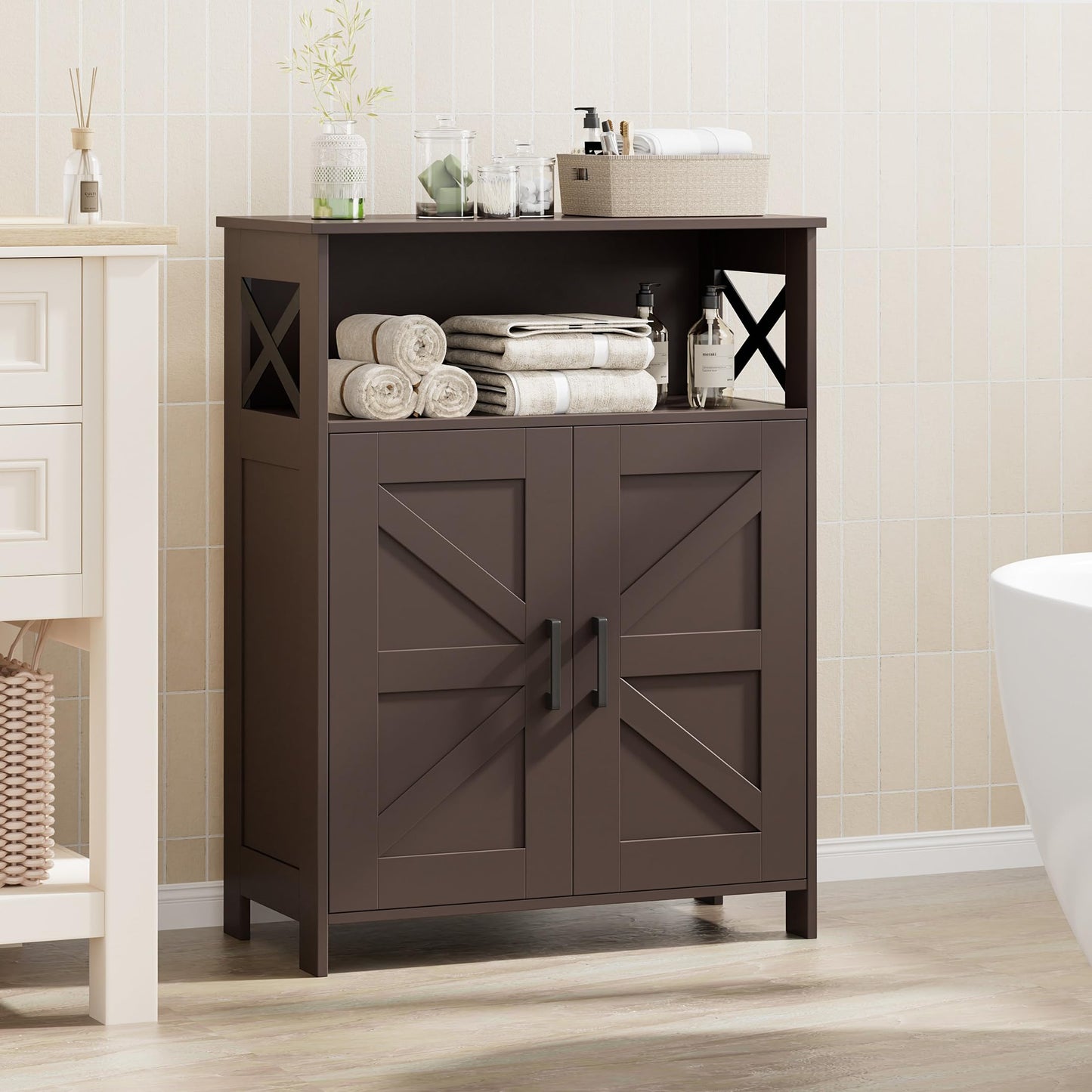 Homhedy Farmhouse Bathroom Storage Cabinet with 2 Doors, Toilet Paper Cabinet with Adjustable Shelf, Small Bathroom Cabinet for Kitchen/Laundry/Living Room, 11.8 x 23.6 x 31.5 Inches, Brown