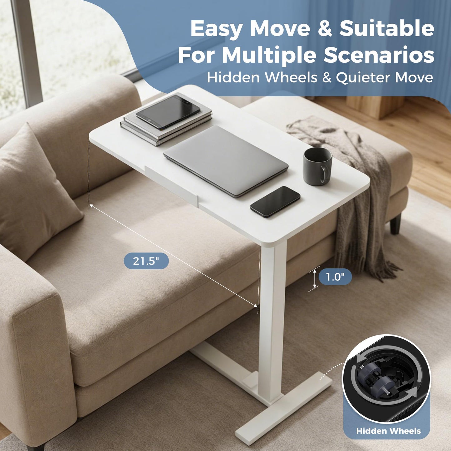 DUMOS Mobile Standing Desk, Height-Adjustable Computer Cart with Pneumatic Lift, Portable Computer Workstation Cart for Bed, Couch, Office, Sofa, White