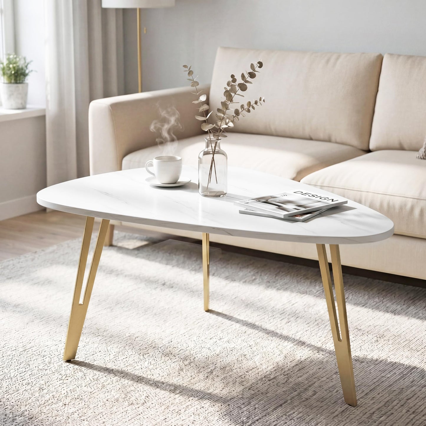 MWOOD Triangle Coffee Table, 33.5″‌Mordern Center Table with Marble-Patterned Top&Golden Leg Waterproof Dining Table for Living Room, Apartment(White&Gold)