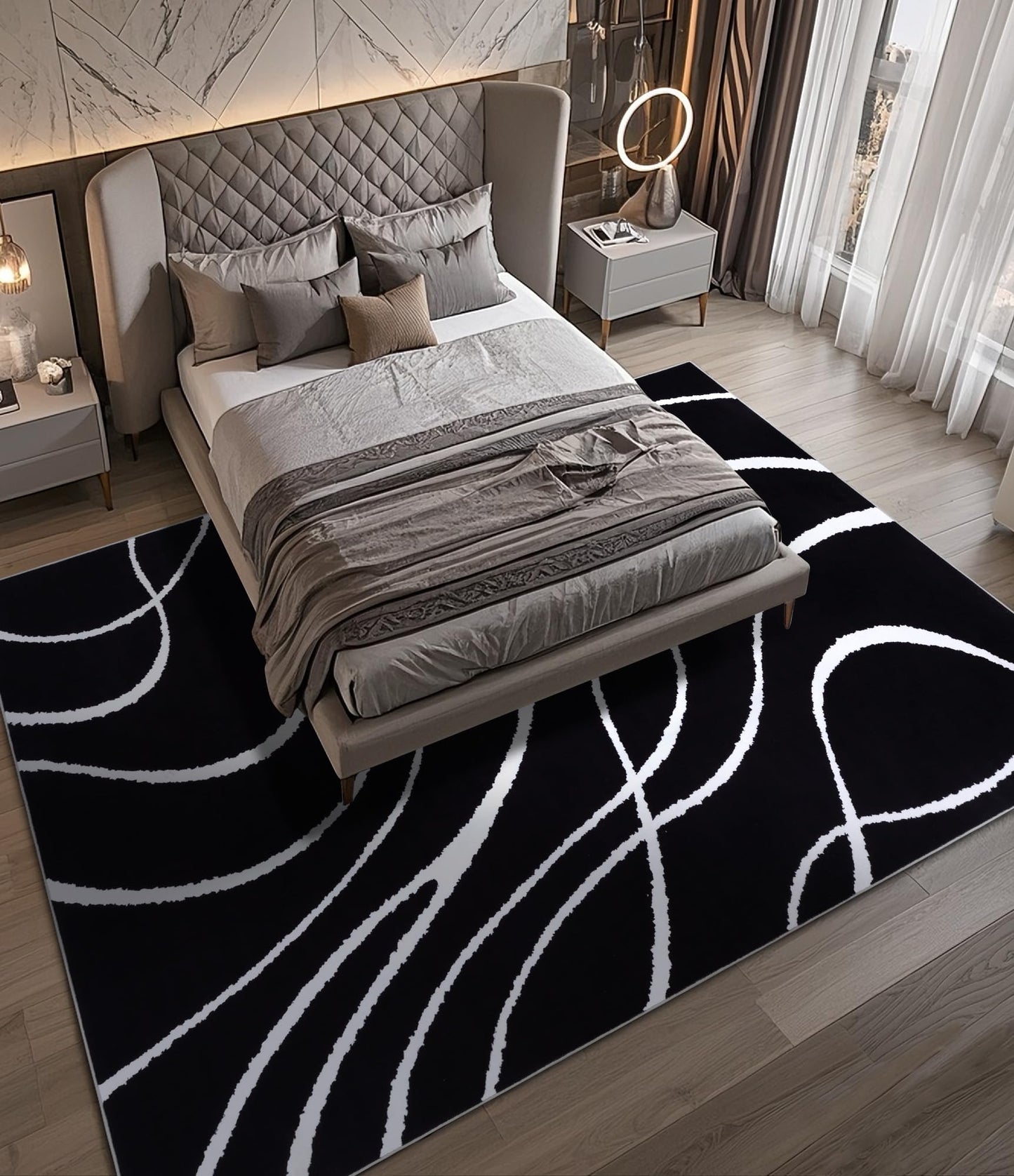 YIHOUSE Black Modern Area Rugs 9x12,Large Black and White Washable Rug for Living Room,Thin Abstract Geometric Rug,Minimalist Striped Rugs for Bedroom,Office