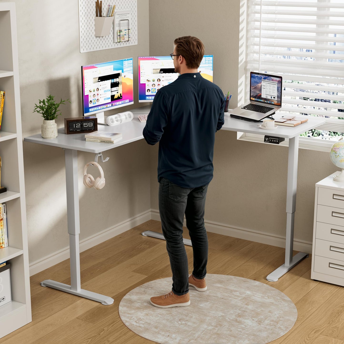 Furmax 63 x 55 Inch L Shaped Standing Desk with 2 Preset Heights, Electric Height Adjustable Computer Table, 2 Hooks & Feet Balance, Corner Sit Stand Desk for Home Office (White, 63 x 55 Inch)