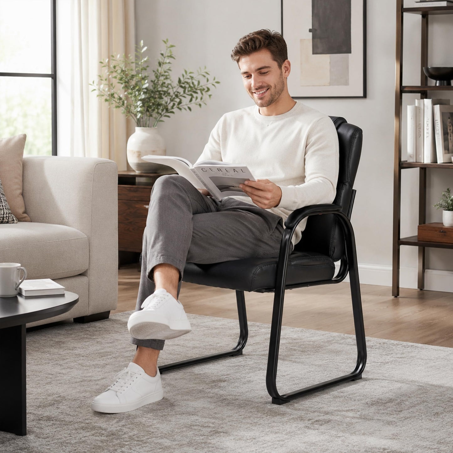 Simple Deluxe Leather Guest Chairs with Padded Arms & Sled Base - Set of 2 Stationary No Wheel Waiting Room Chair for Conference Reception Rooms, Lobby, Home Office Computer Desk, Bedroom, Black