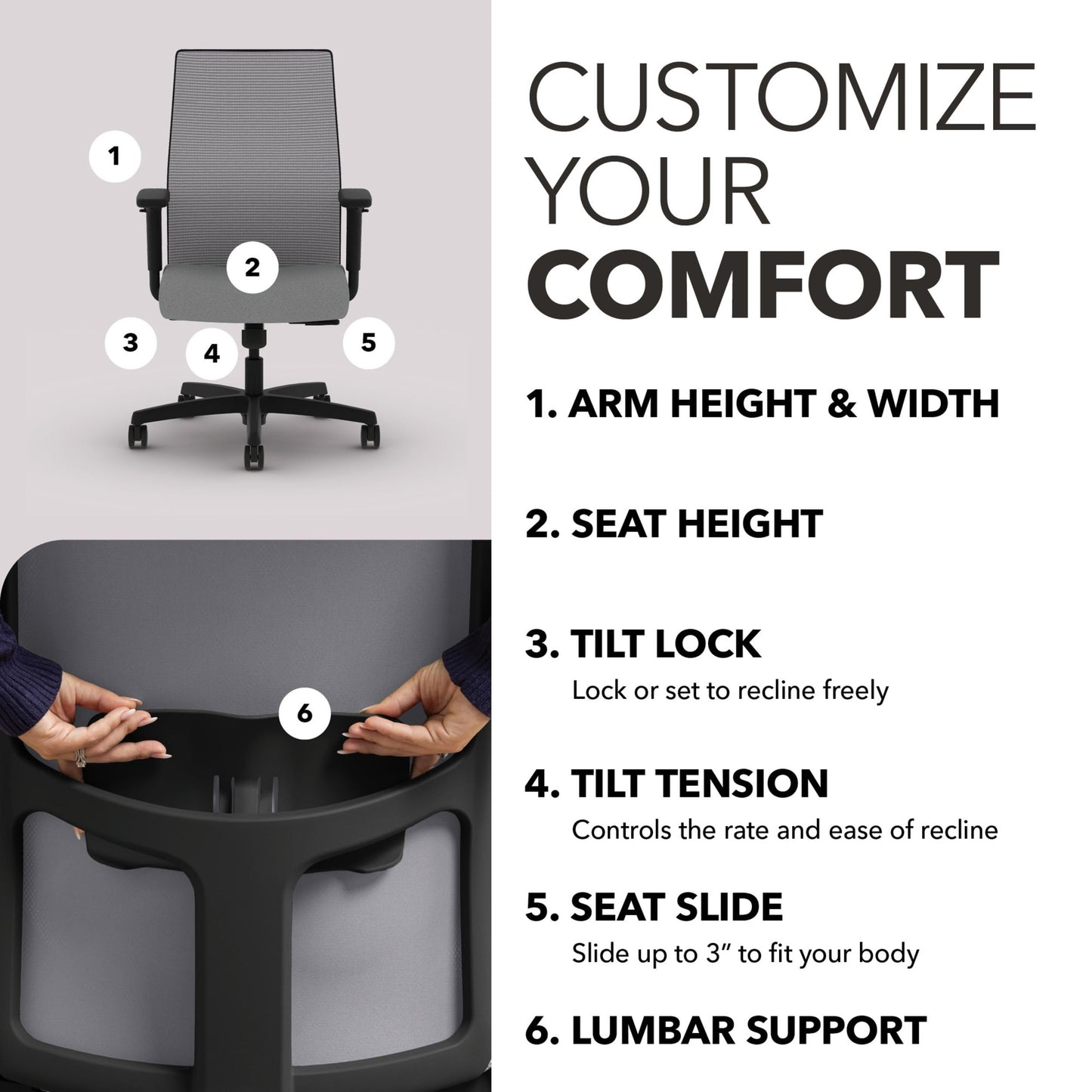 HON Ignition 2.0 Mid‑Back Ergonomic Office Chair, Mesh Task Desk Chair with Lumbar Support, Standard Synchro‑Tilt, Height and Width Adjustable Arms, Black Frame, Frost