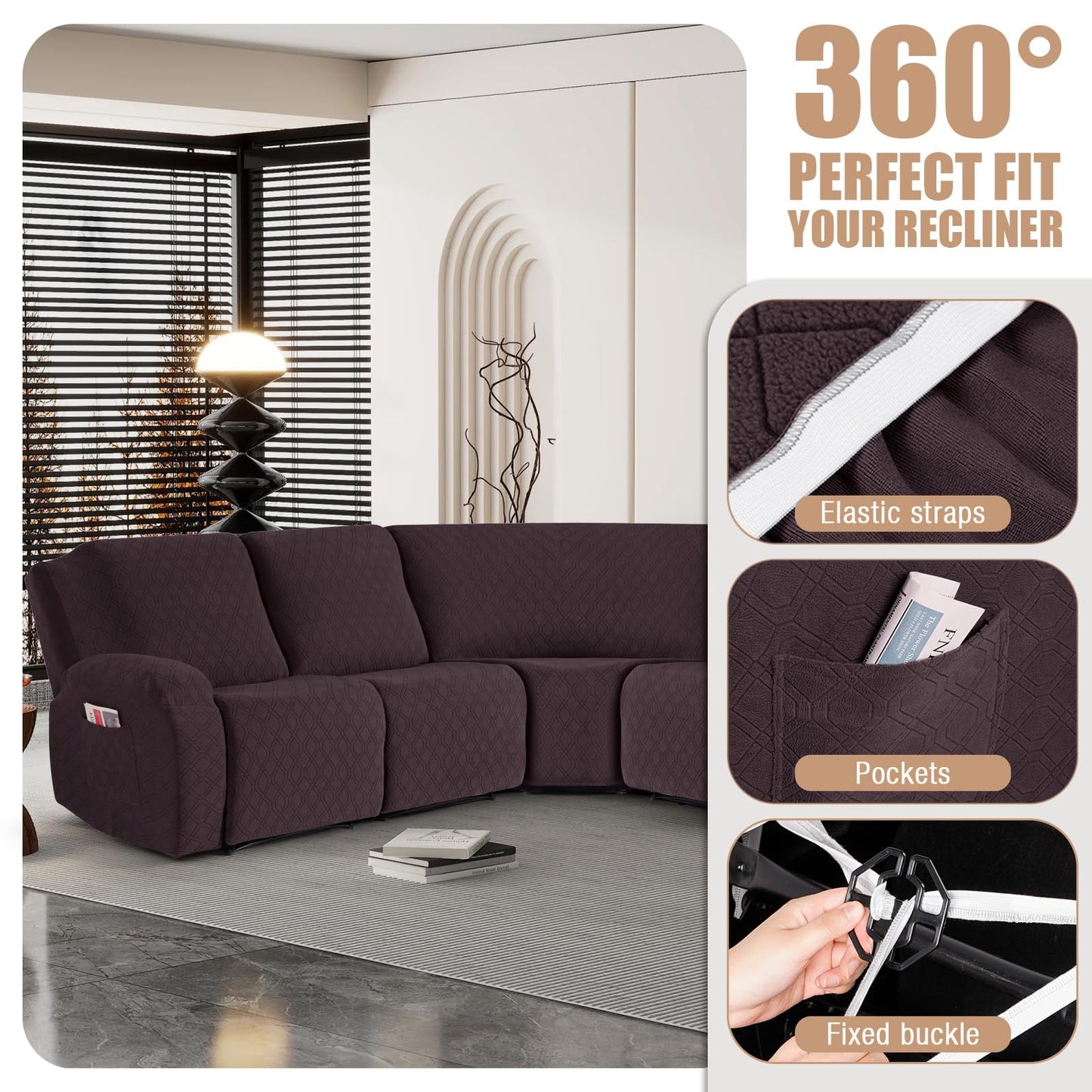 VANSOFY Extra Large Reclining Sectional Couch Covers, Washable 5-Piece Sofa Covers for L Shape Sectional Sofa Corner Seater, Thick, Soft Sofa Slipcovers (5 Seat Recliner Cover, Chocolate)