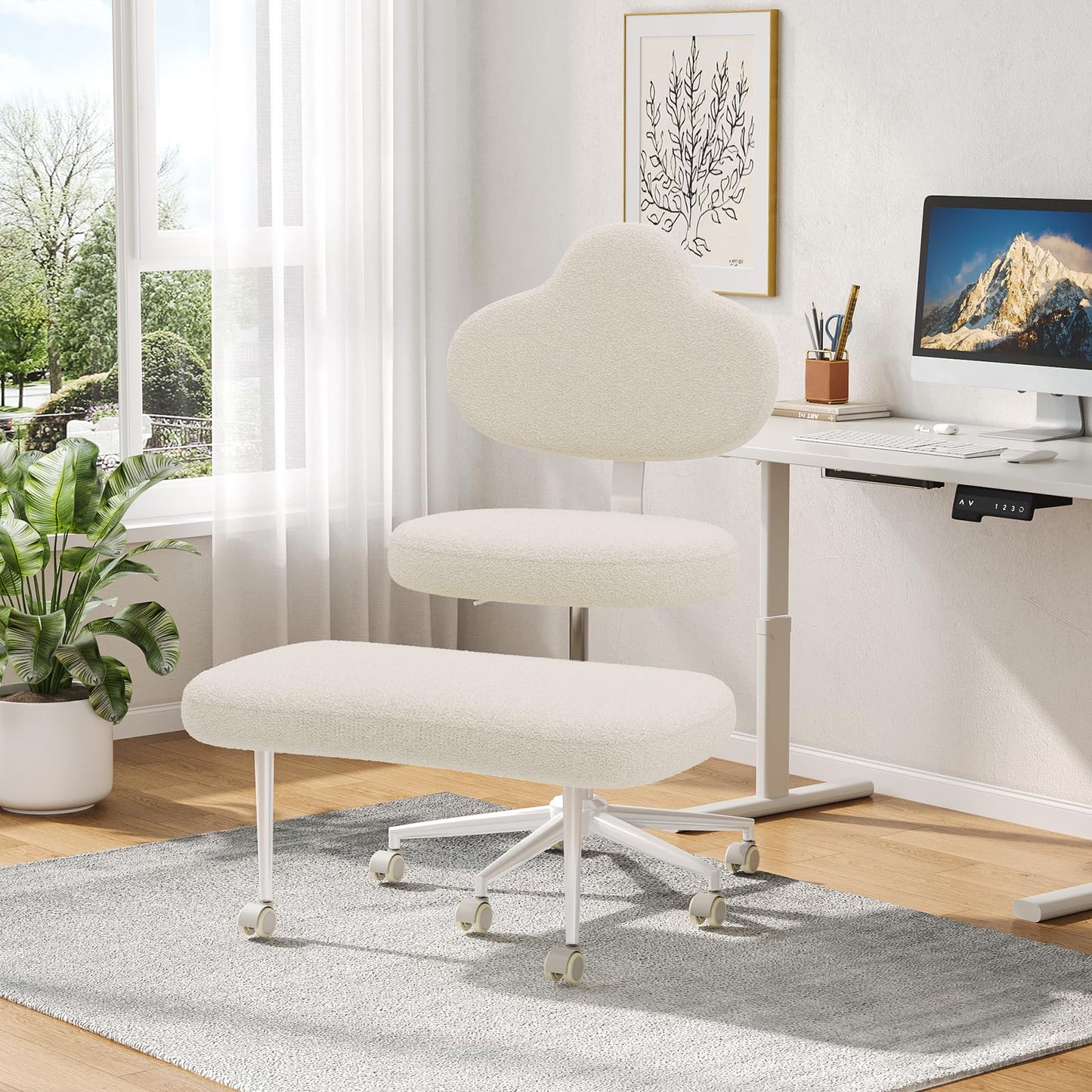 Cross Legged Office Chair with Wheels for ADHD, Ergonomic 360° Swivel Height-Adjustable Meditation Chair for Yoga, Kneeling Chair with 4 inch seat Cushion and Lumbar Support, Teddy Fabric, Off White