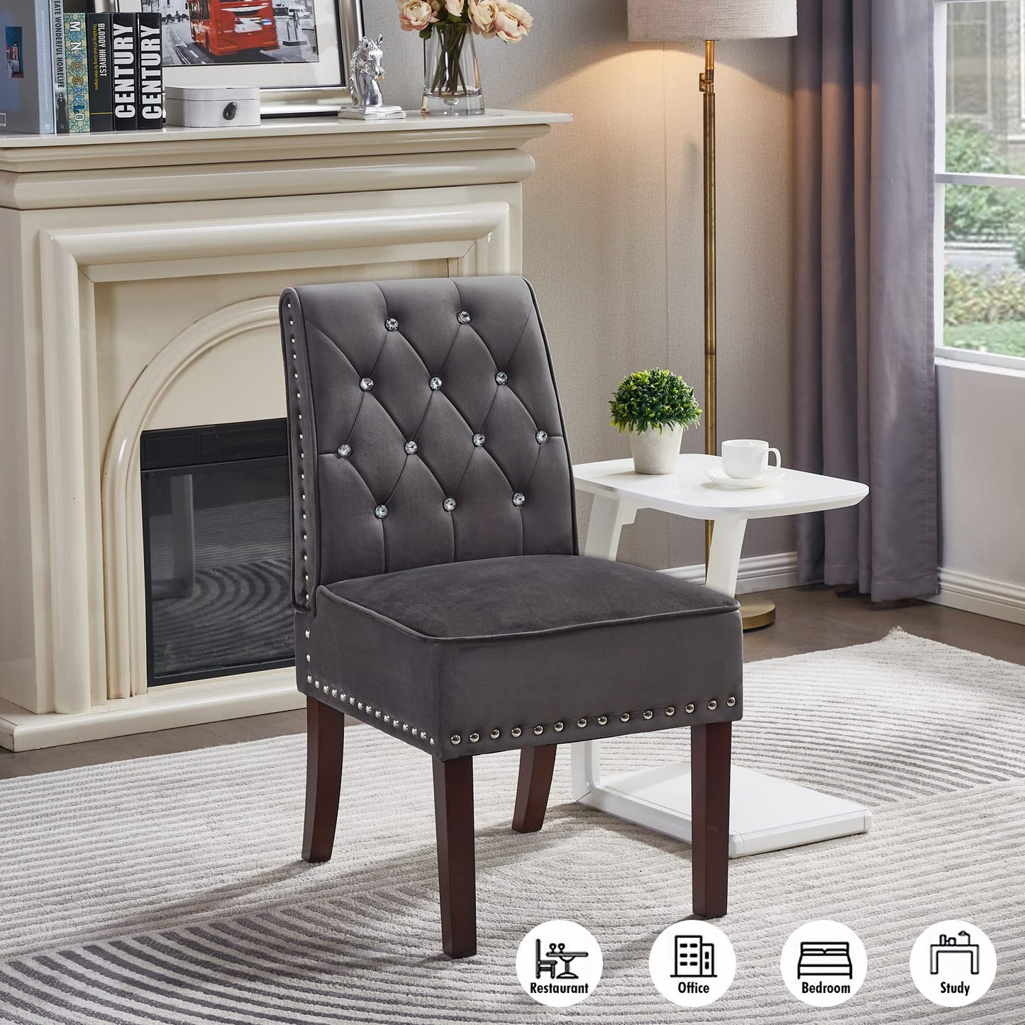 Velvet Dining Chairs, DRM'SCUUM Modern Accent Chair for Living Room, Grey Velvet with Crystal Buttons,Rubber Wood Legs Luxury Tufted Dining Chair for Living Room, Bedroom, Kitchen