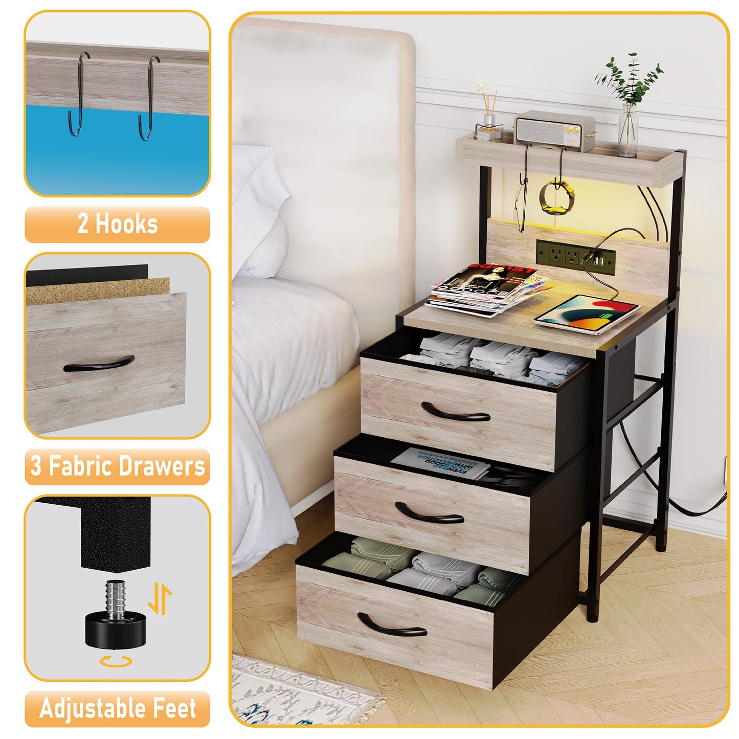 SZLHANJZ Night Stand Set 2 with LED Lights for Bedroom, Bedside Nightstands with Power Outlet and Type C Port, Matching Tables with 3 Fabric Drawers, Hooks, and Shelves, Greige