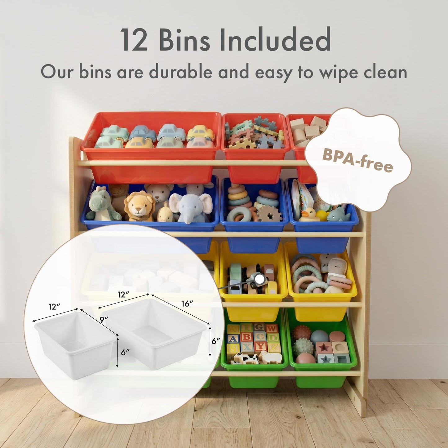 Humble Crew Kids' Toy Storage Organizer with 12 Plastic Bins, Natural/Primary, Model Number: WO560