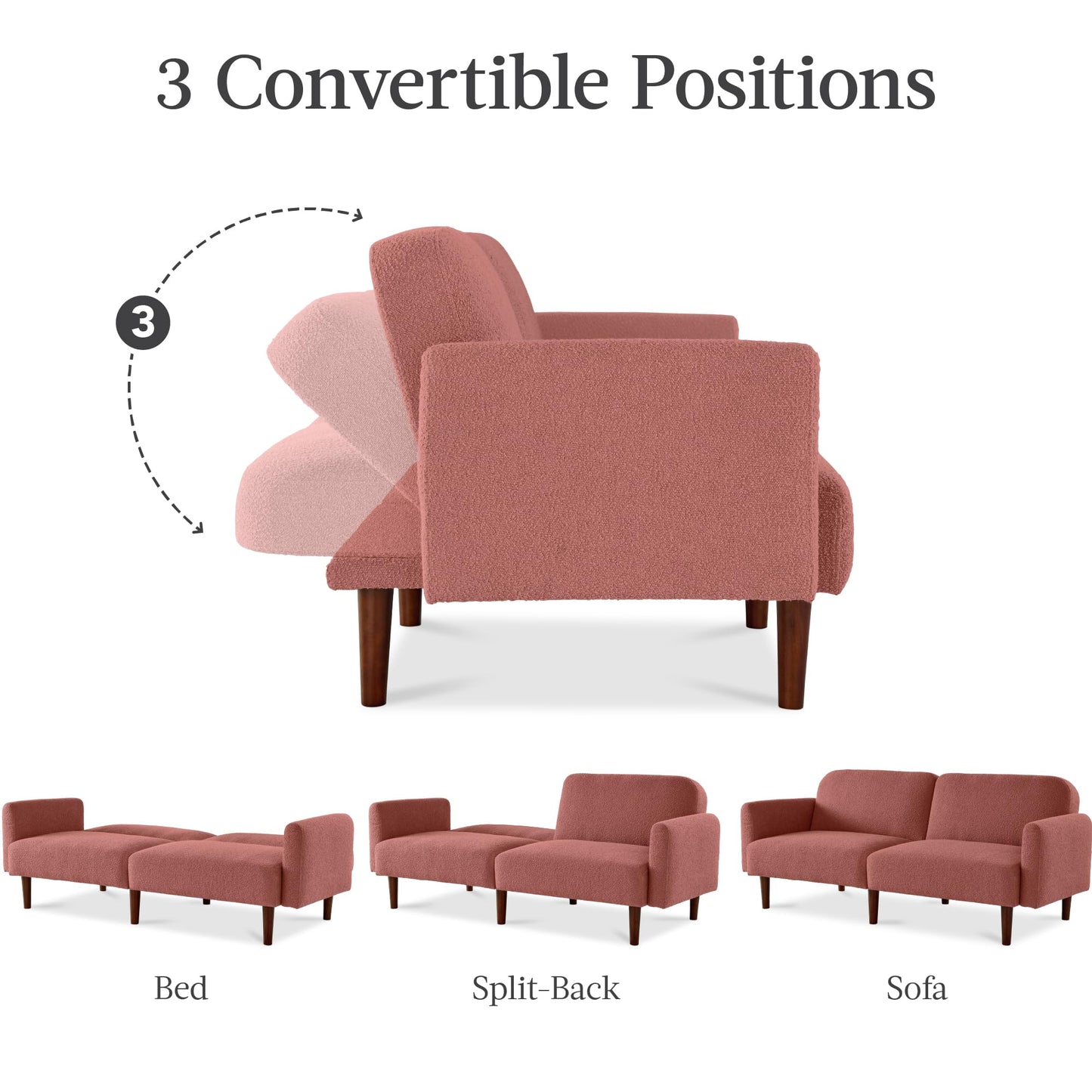Best Choice Products 77" Mid Century Modern Boucle Loveseat Sofa, Couch, Convertible Sofa Sleeper Bed w/Real Wood, Removable Armrest - Mauve