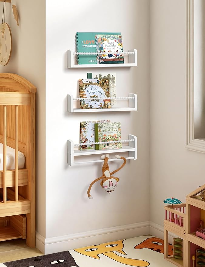 Maxpeuvon Nursery Bookshelves Set of 3, Natural Wood Nursery Floating Shelves
