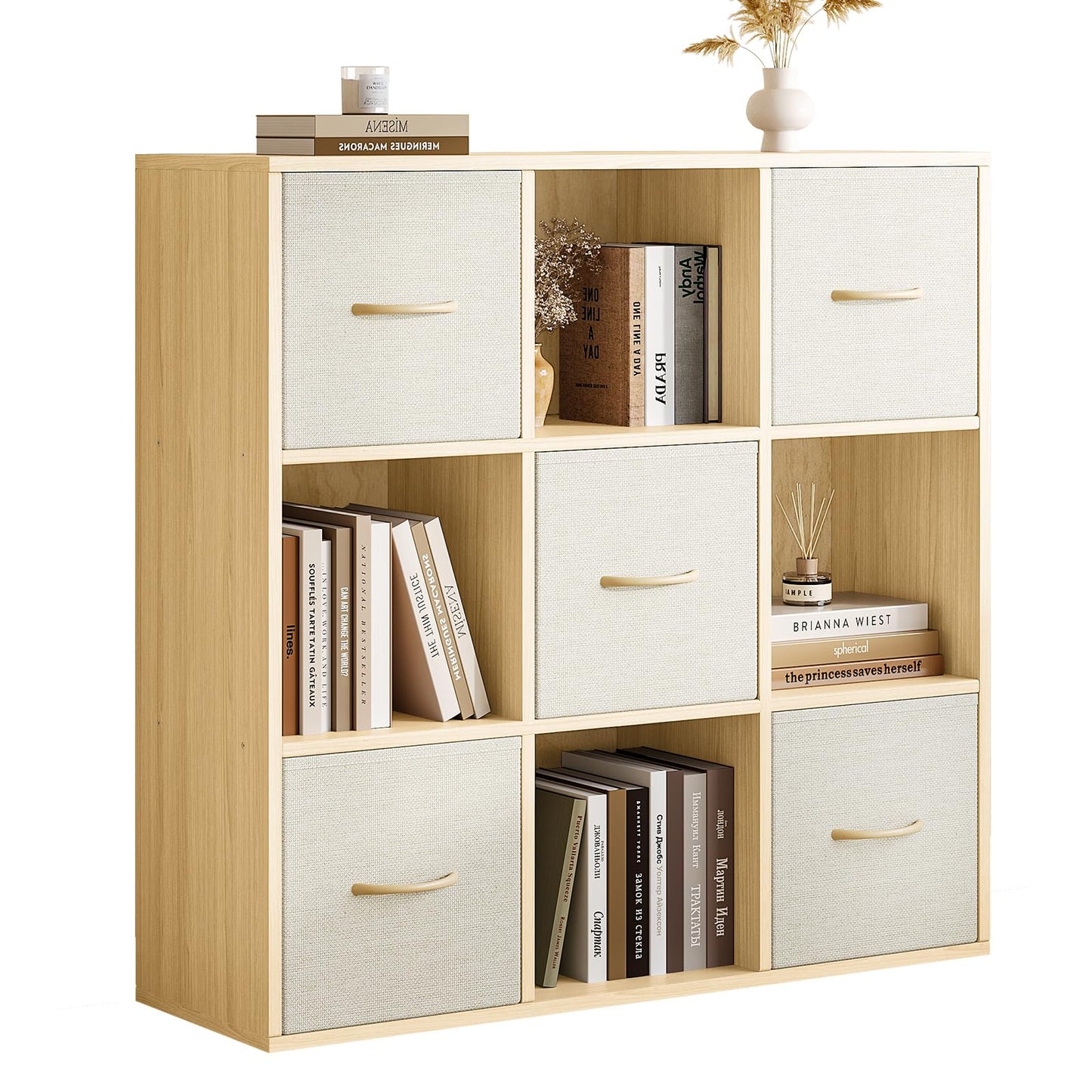 EXPERLAM 9 Cube Storage Organizer - Solid Wood Bookshelf with 5 Storage Bins, Cube Shelf with 3 Removable Back Panels, Vertical or Horizontal Bookcase, Open Book Shelf for Bedroom, Living Room, Office