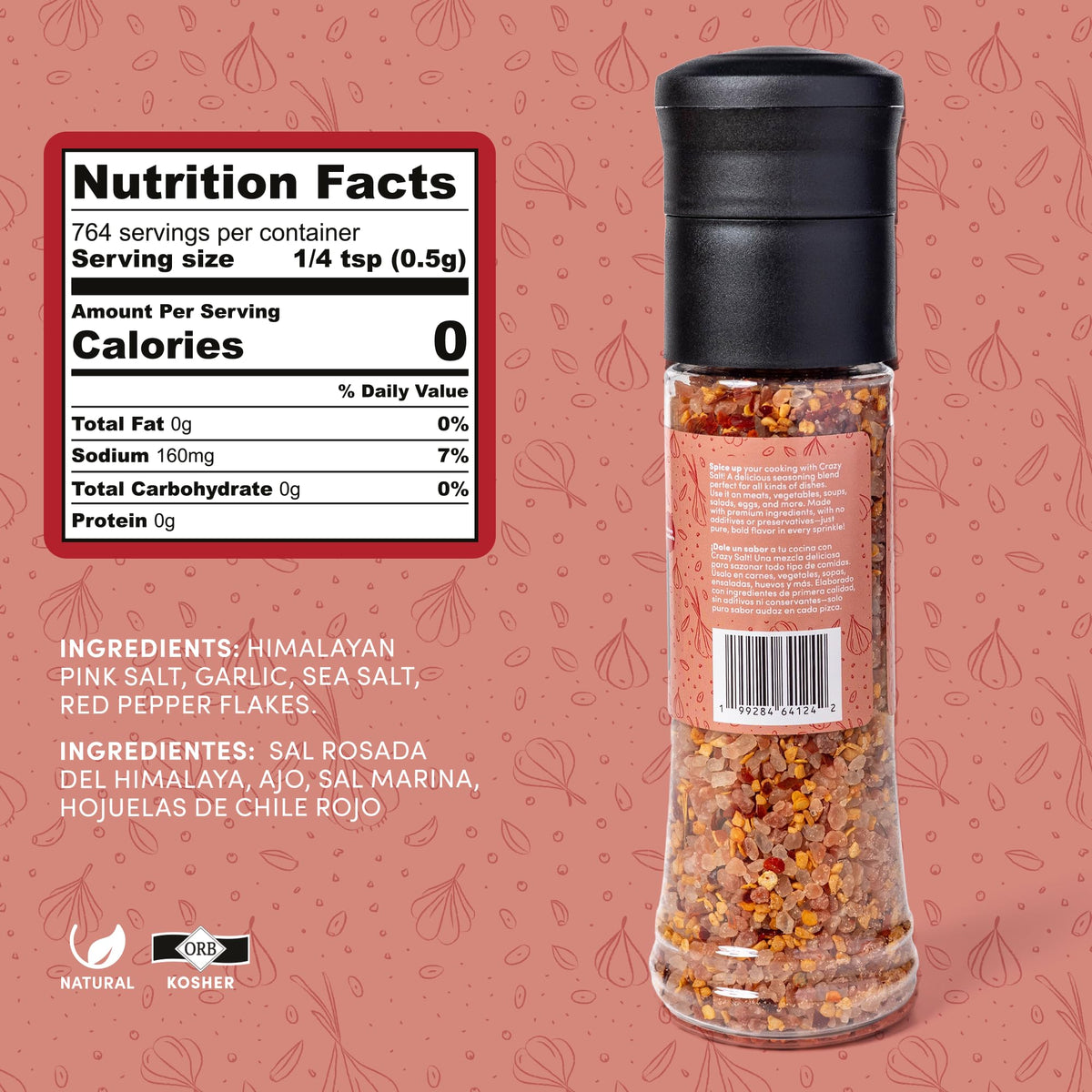 My Secrets Peggy’s Food Crazy Salt Himalayan Pink Salt - Fine Grain Gourmet Seasoning with Sea Salt, Garlic and Red Pepper Flakes, Natural Salt Mix for Cooking, Seasoning, Grilling, Baking, Table Use, No Additives, Premium Flavor, 13.5 oz