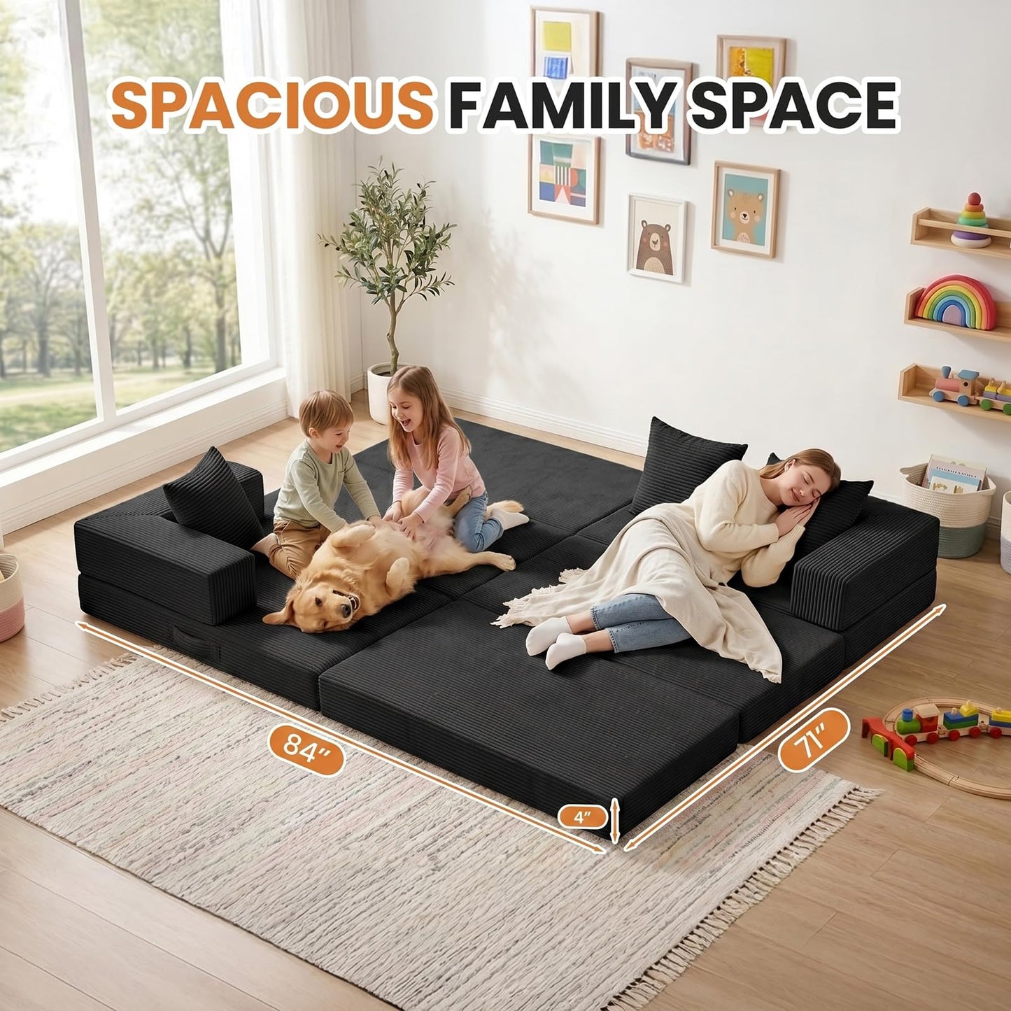 65" Boneless Couch,Convertible Sleeper Sofa Bed, Mini Modular Sectional Sofa, Modern Tri-Folding Cloud Couch with L-Shape Chaise, Corduroy Futon Couches for Small Spaces Apartment,No Assembly,Black