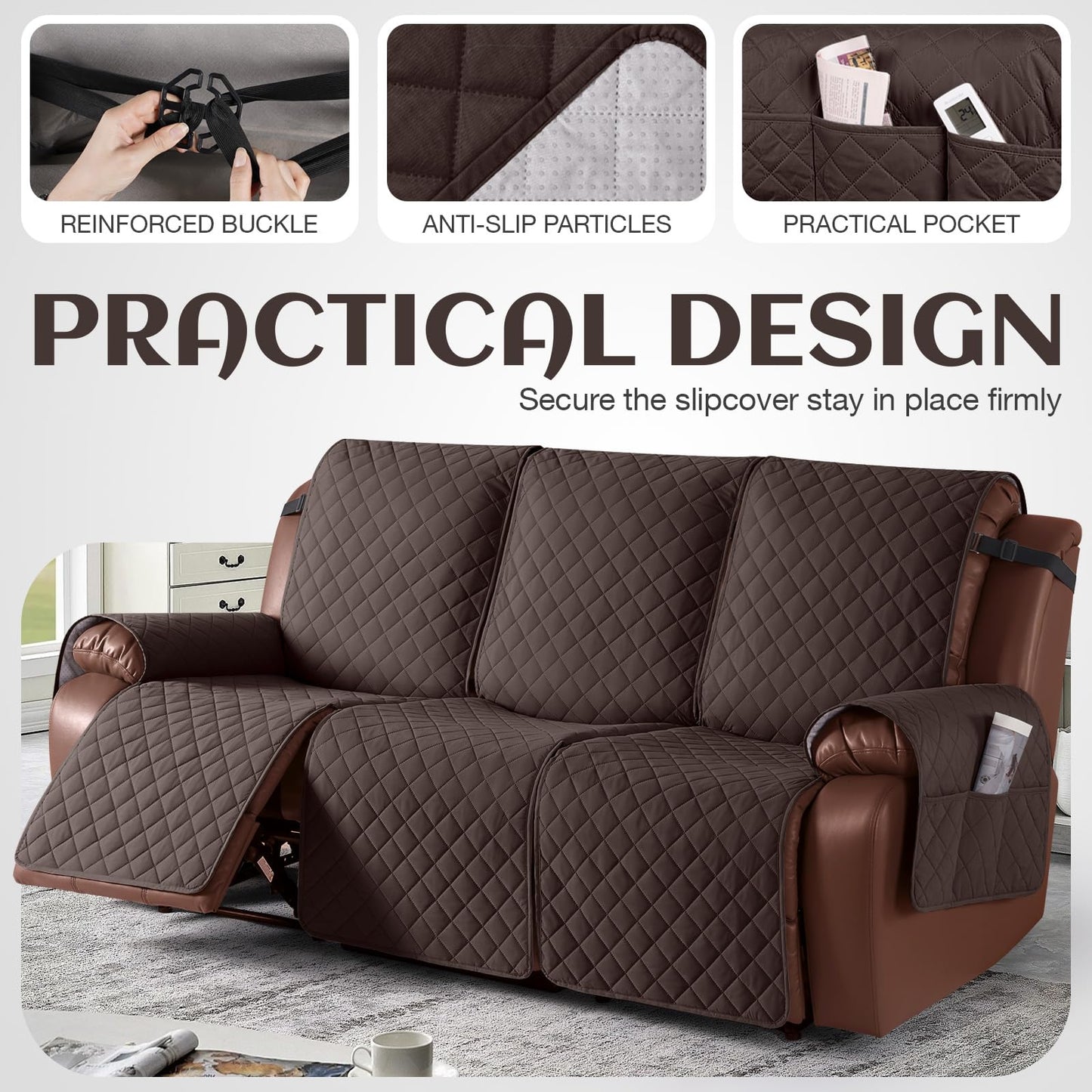 KinCam Waterproof Recliner Sofa Cover, Non-Slip Reclining Couch Covers for 3 Seat, Recliner Couch Cover Furniture Protector with Elastic Straps for Pets, Kids, Chocolate