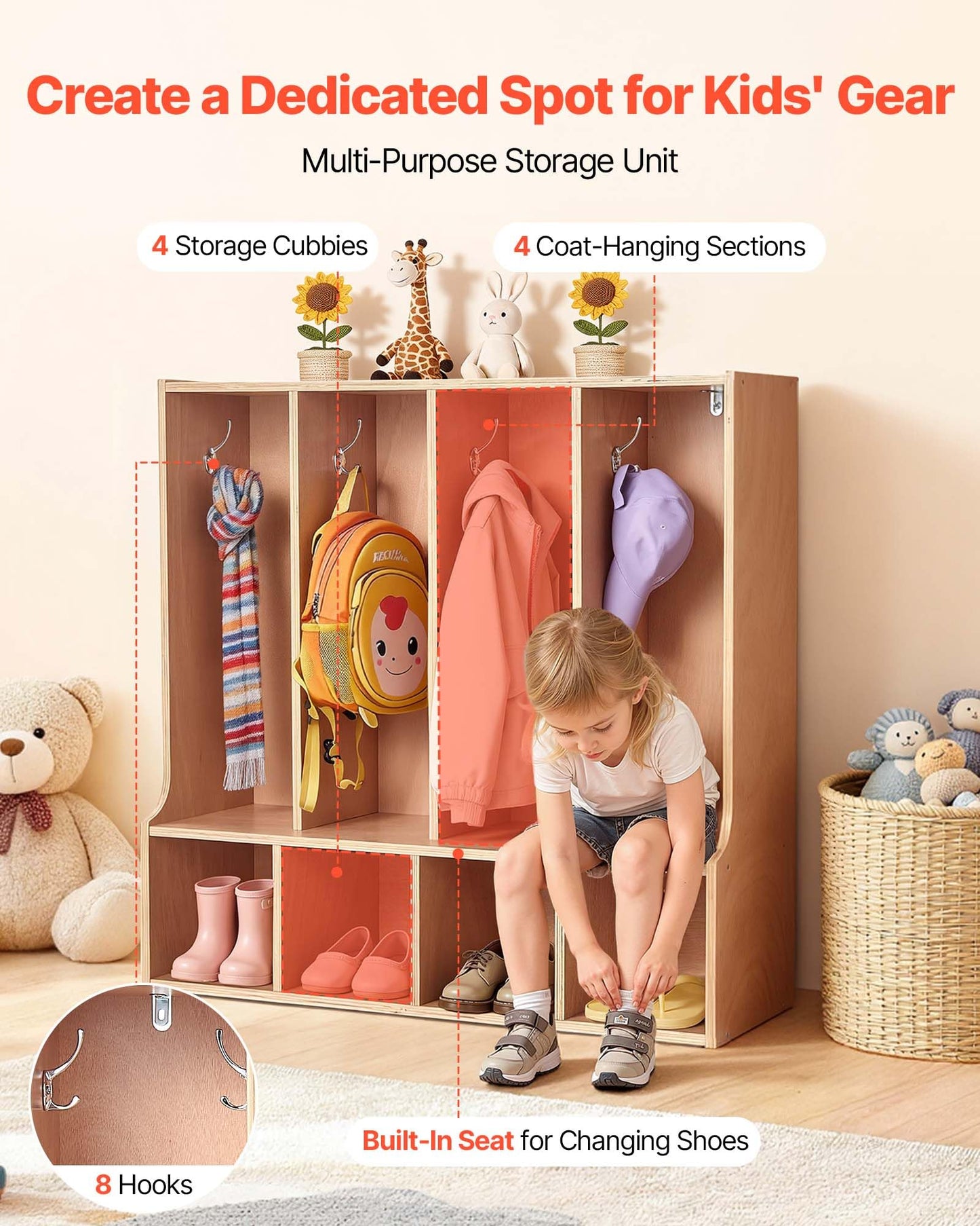 VEVOR 4-Section Coat Locker with Bench, Kids Lockers with 8 Hooks & Non-Slip Mat, Classroom Cubbies for Daycare, Home, Kindergarten- Natural