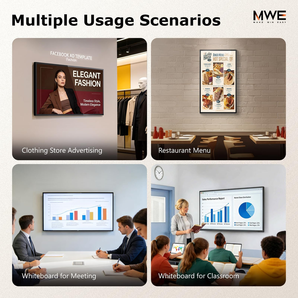 MWE 43 inch Wall Mount Digital Signage, FHD Touchscreen Monitor Android 14, Multi-Touch Screen Smart Split, Commercial Advertising Display, Time Switch, CMS Management, HD-MI/ USB/ WiFi/ for Windows