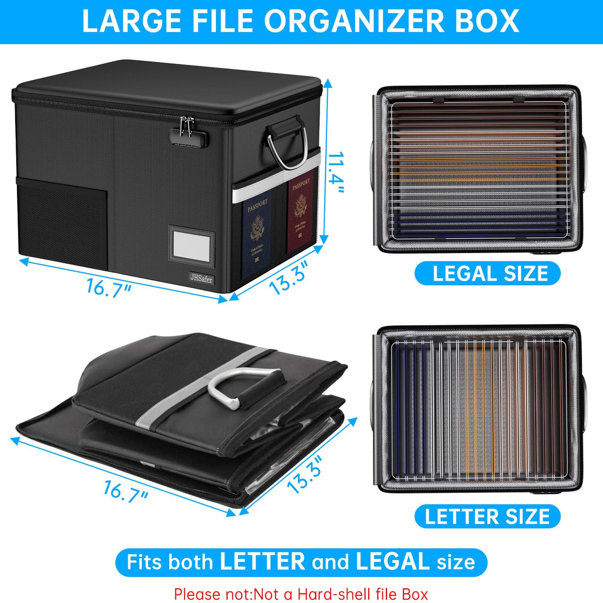 JHSafer 5200℉ Fireproof Document Box with Lock, Waterproof File Organizer with Handle, Portable Collapsible Filing Cabinet with Reflective Strip for Hanging Letter/Legal Folder, Black