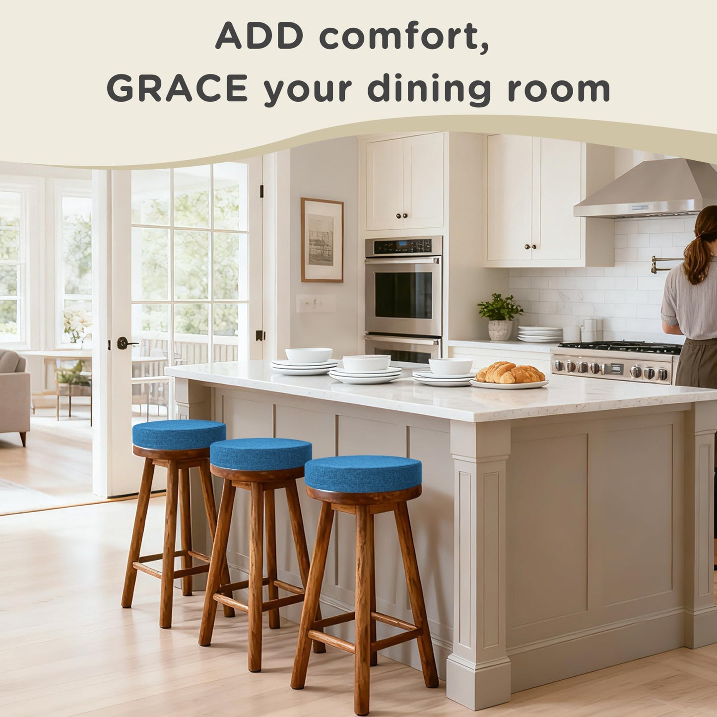 AddGrace 2.5" Thick Non Slip Round Chair Pad Set of 2, 16" Round Chair Cushion with Machine-Washable Cover and Long Zipper, Seat Cushions for Kitchen, Office, Floor and 16" Ottoman, Blue