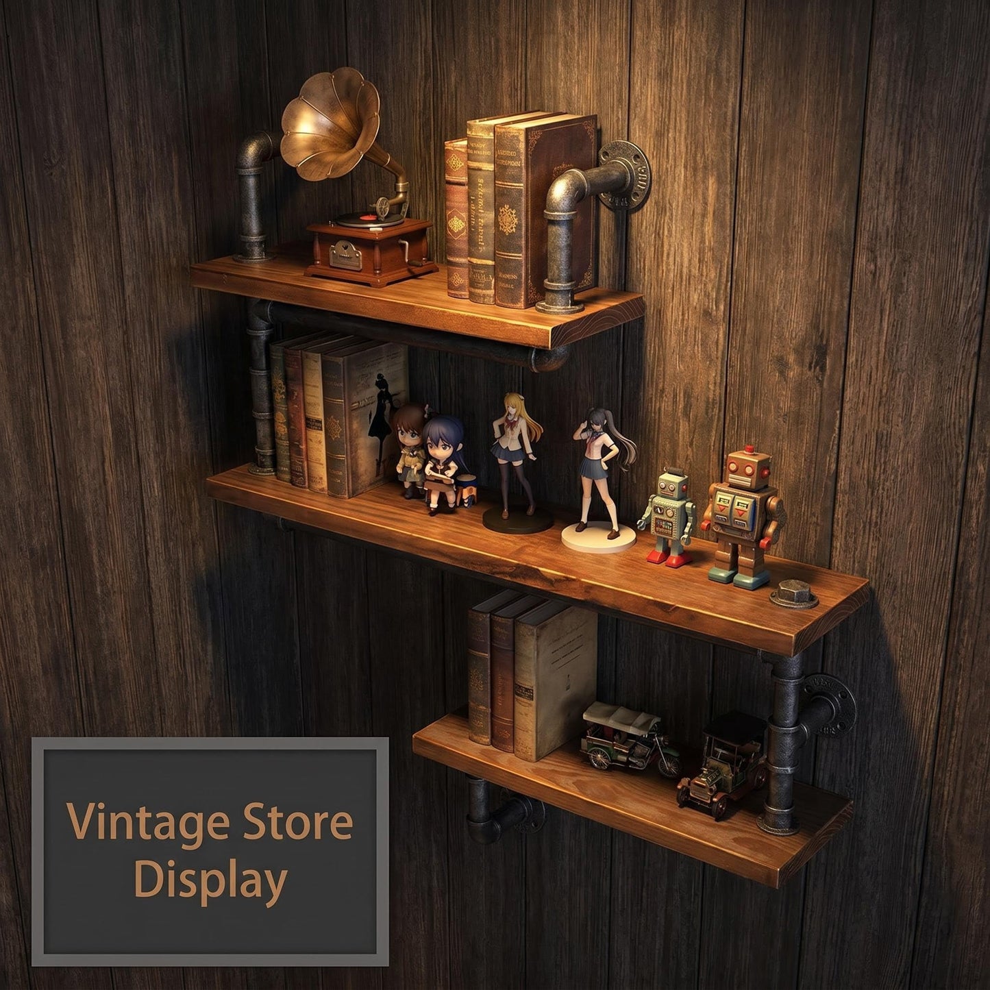Diwhy Industrial Pipe 3 Tier Wall Mounted Floating Shelf, Rustic Wrought Iron Solid Wood Storage Display Shelf for Home Living Room Bedroom Decor