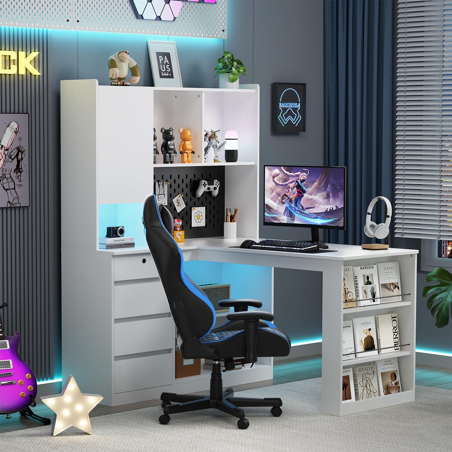BAYYELL L-Shaped Corner Desk with Hutch, Charging Station, 4 Drawers and Storage Cabinet, Pure White & Right Side Table