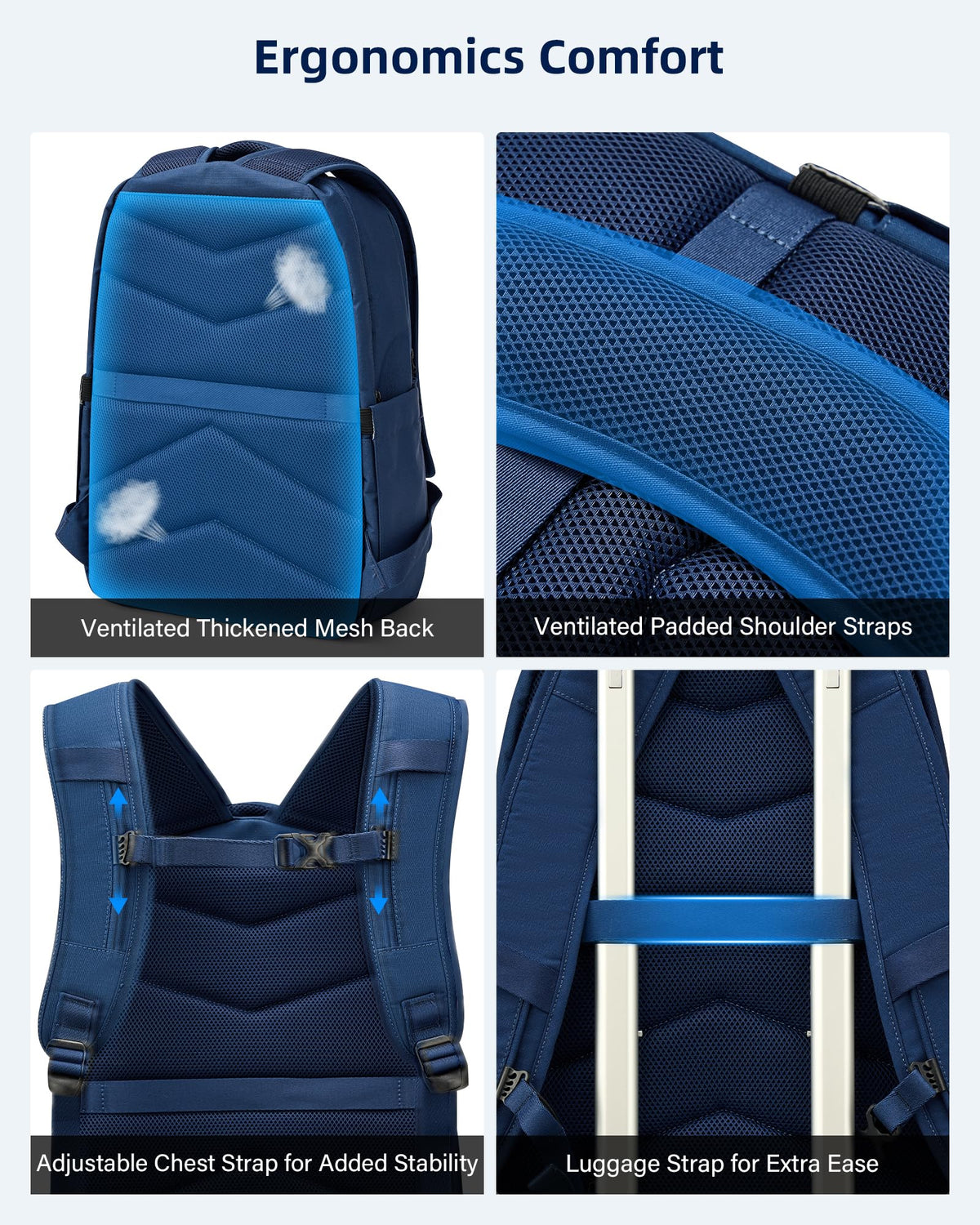 HanTrip Travel Laptop Backpack for Women Men, 18 Inch Large Work Backpack for Commuter College School Book Bags, Water Resistant Backpack with Luggage Strap Water Bottle Pocket Chest Strap, Navy Blue