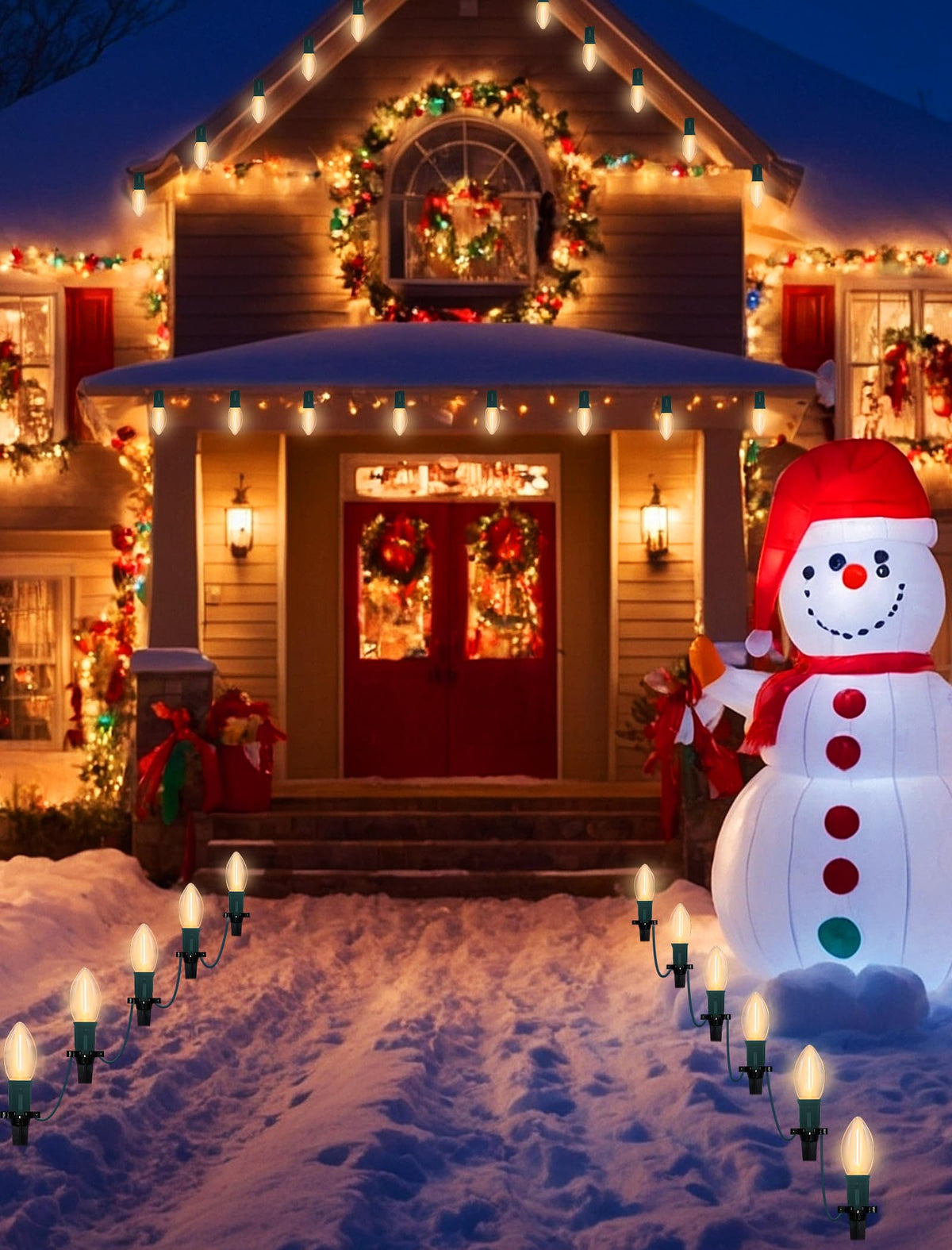 C9 Christmas Pathway Lights Outdoor 38Ft Connectable C9 LED Christmas String Lights with 25 LED Warm White Stakes Lights for Walkway Outdoor Yard Driveway Lawn Decorations