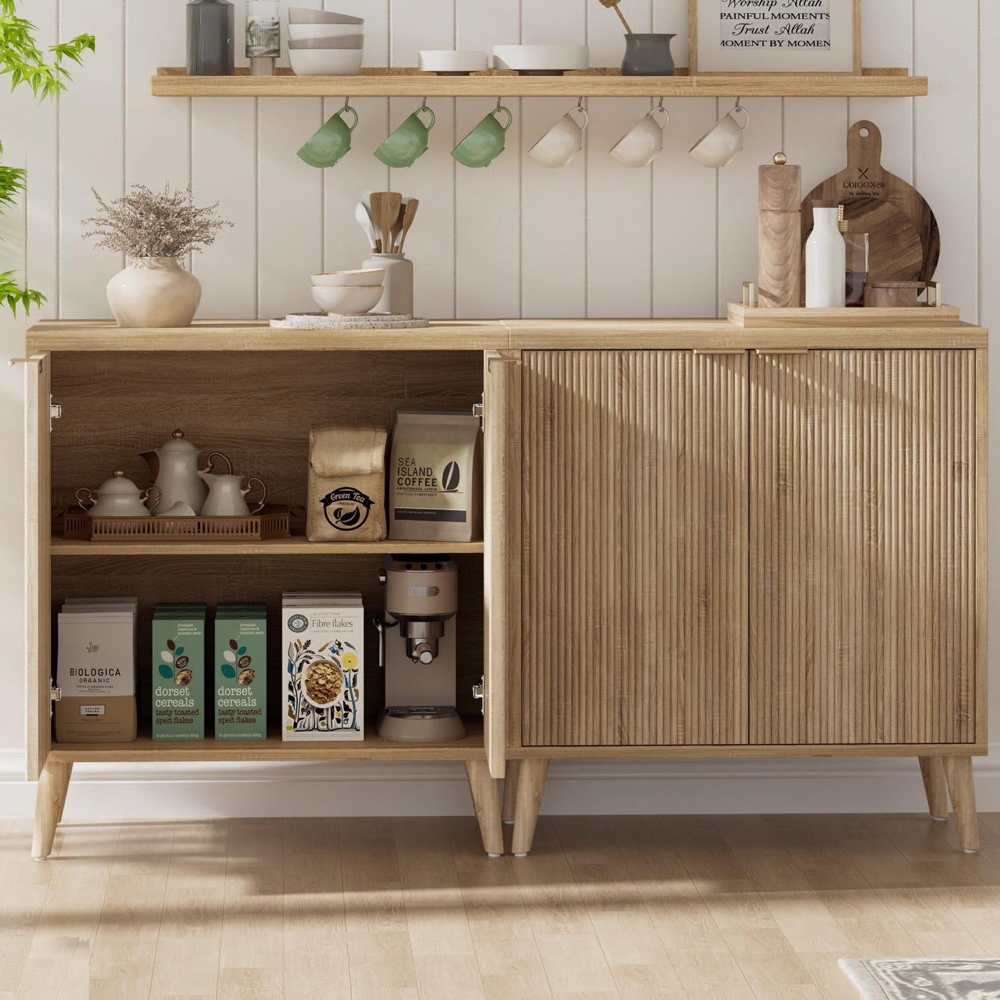 Homleke Buffet Cabinet with Storage, Modern Fluted Accent Sideboard with Doors & Adjustable Shelf, Buffet Table Entryway Cabinets for Living Room, Kitchen, Dining Room, Hallway, Natural